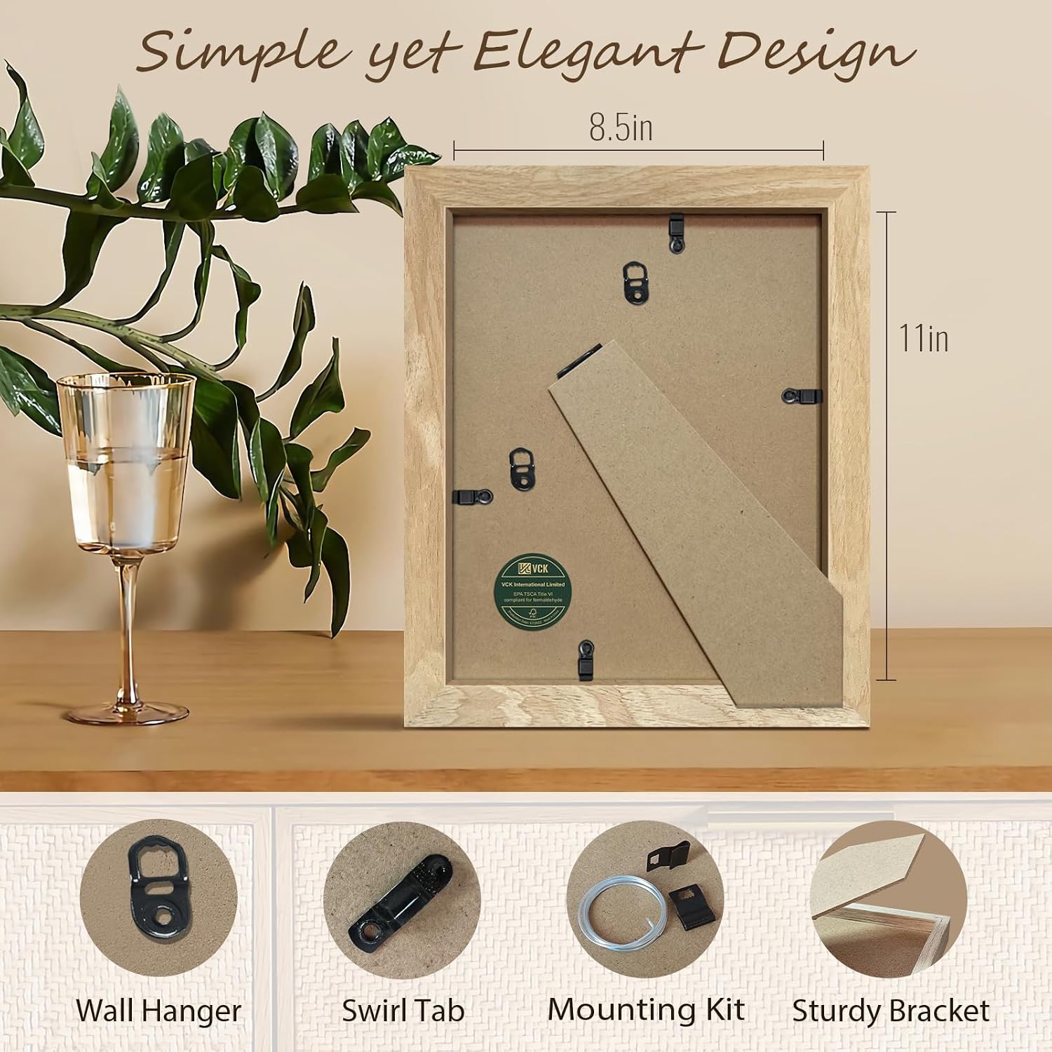 VCK 8.5x11 Picture Frame 3 Pack, Natural Solid Wood, Wall/Tabletop Display | Wide Border, Light Woodgrain, Shatterproof