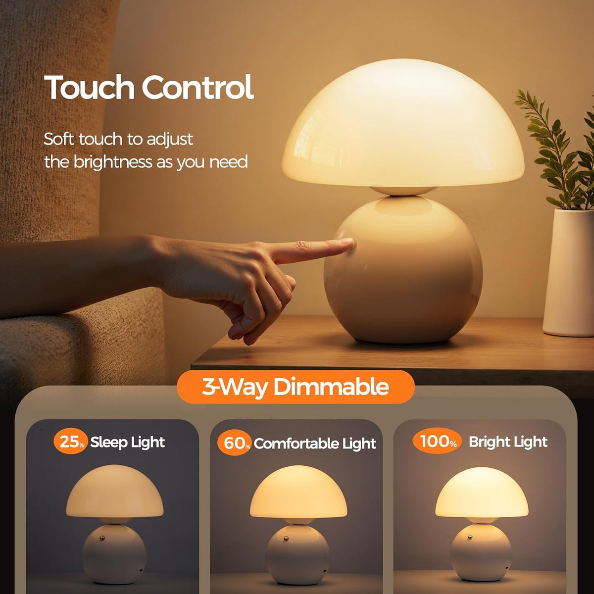 Wireless Mushroom Lamp,Table Lamp for Bedroom, Portables Cordless Lamps,Wireless lamp,Small Bedside Table Touch Lamps