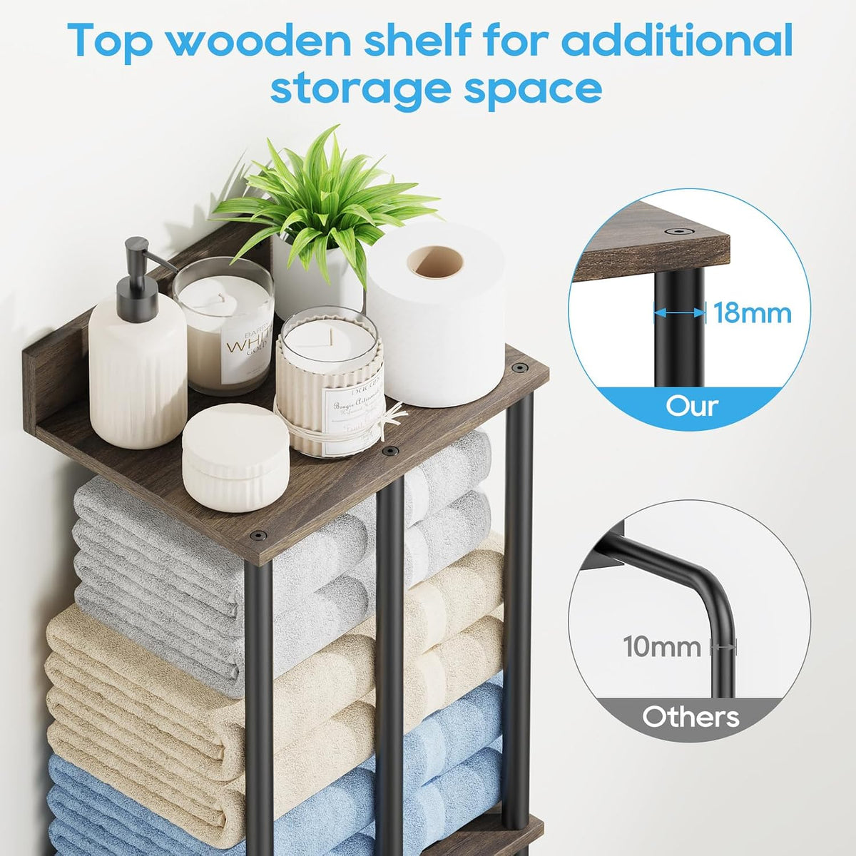 Towel Racks for Bathroom Wall Mounted with Wooden Storage Shelf | Updated 3 Bar Metal Towel Holder for Rolled Towels