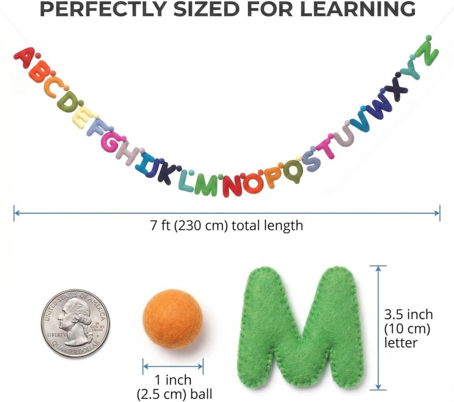 Glaciart One Alphabet Garland - Natural Handmade Wool ABC Letters & Balls - Decorative Wall Decor for Classroom