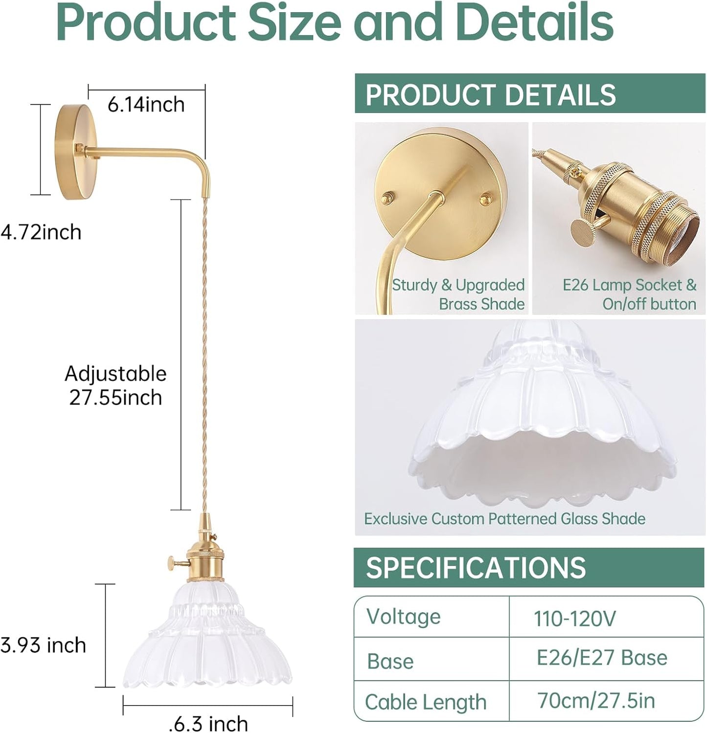 Shenmoyl Vintage Wall Sconce with White Lily of the Valley Shade Pattern Glass Adjustable Chain Retro Gold Wall Mounted