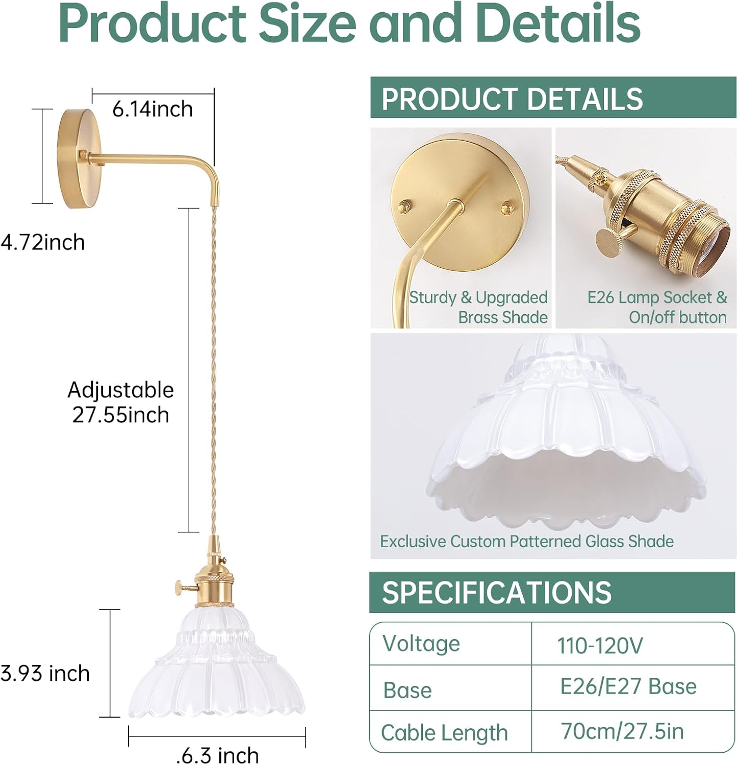 Shenmoyl Vintage Wall Sconce with White Lily of the Valley Shade Pattern Glass Adjustable Chain Retro Gold Wall Mounted