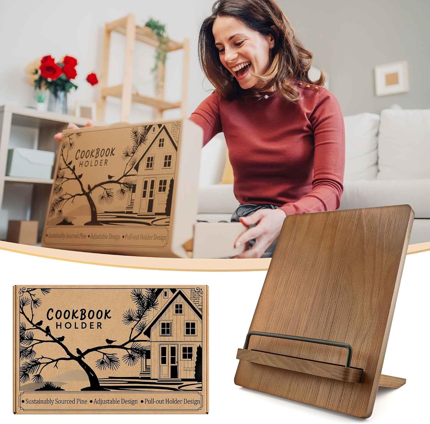 Brown Solid Wood Cookbook Stand: for Kitchen Counter Recipe Holder | Heavy-Duty Wood Cook Book Stand Holds 2" Thick