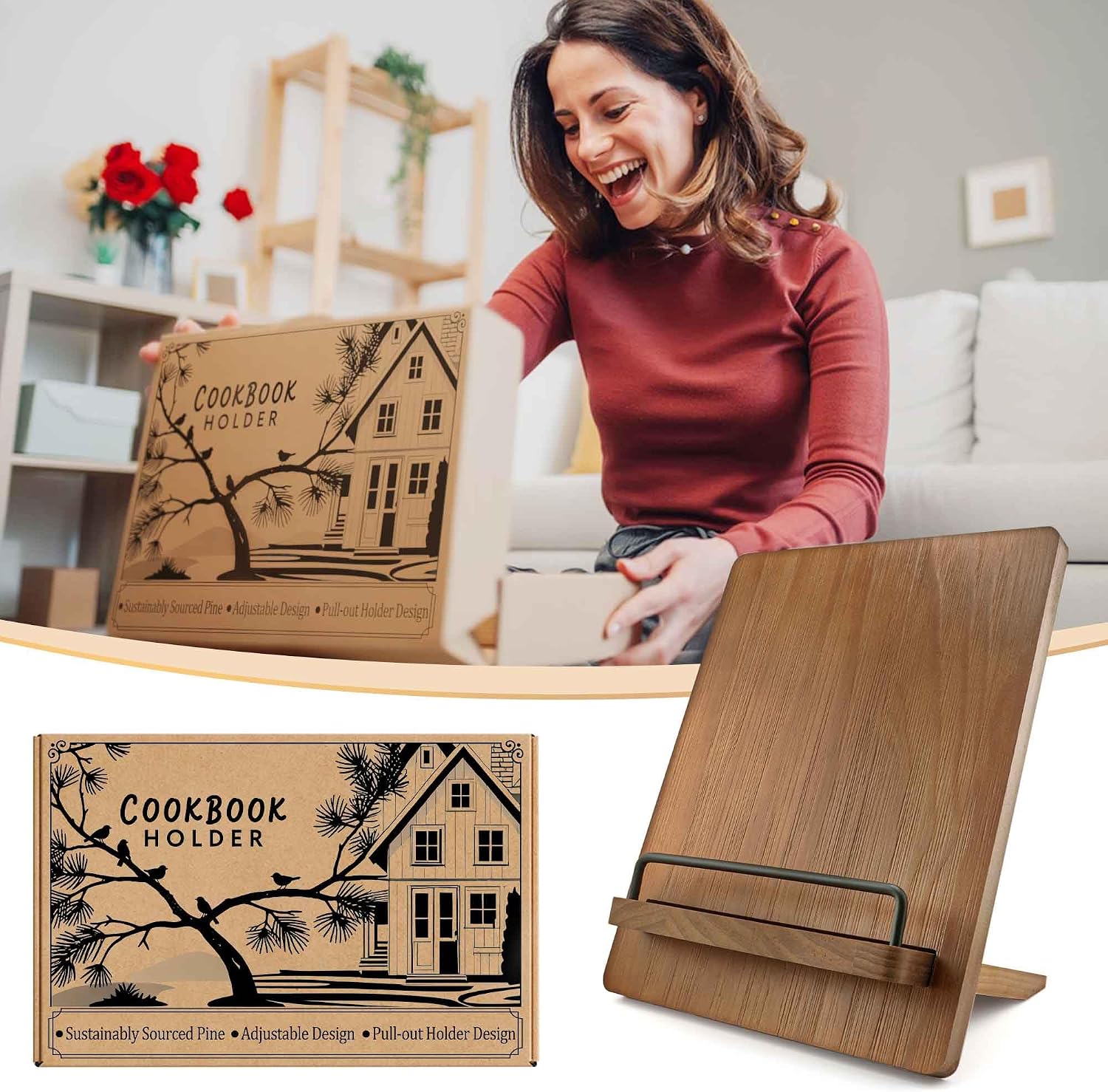 Brown Solid Wood Cookbook Stand: for Kitchen Counter Recipe Holder | Heavy-Duty Wood Cook Book Stand Holds 2" Thick