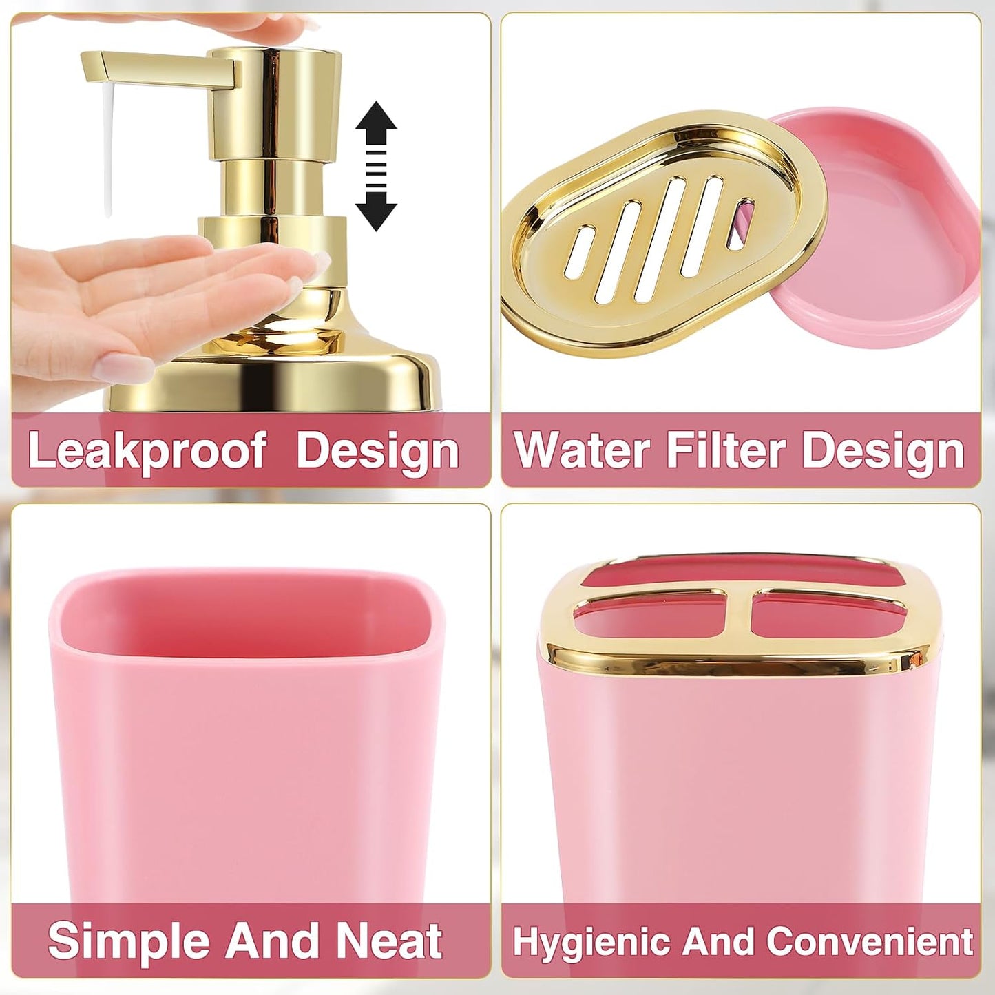 XLHOMO Pink Bathroom Accessories Set 8 Piece Pink and Gold Bathroom Set, Bathroom Sets with Stainless Steel Trash