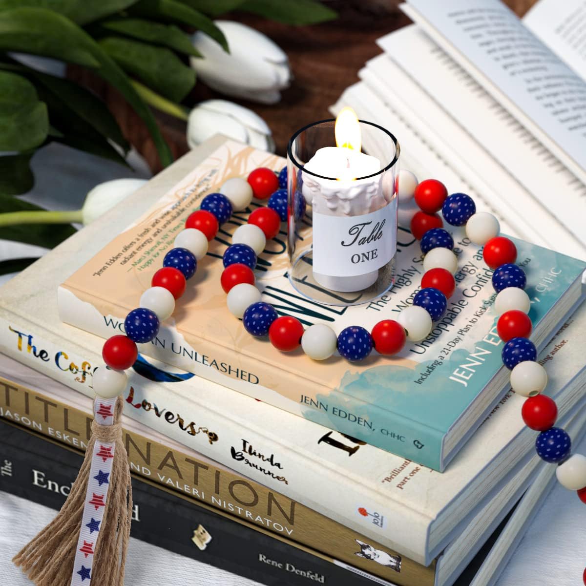 Patriotic Wood Bead Garland / Yd-wood Beed-07-us / Set of 2