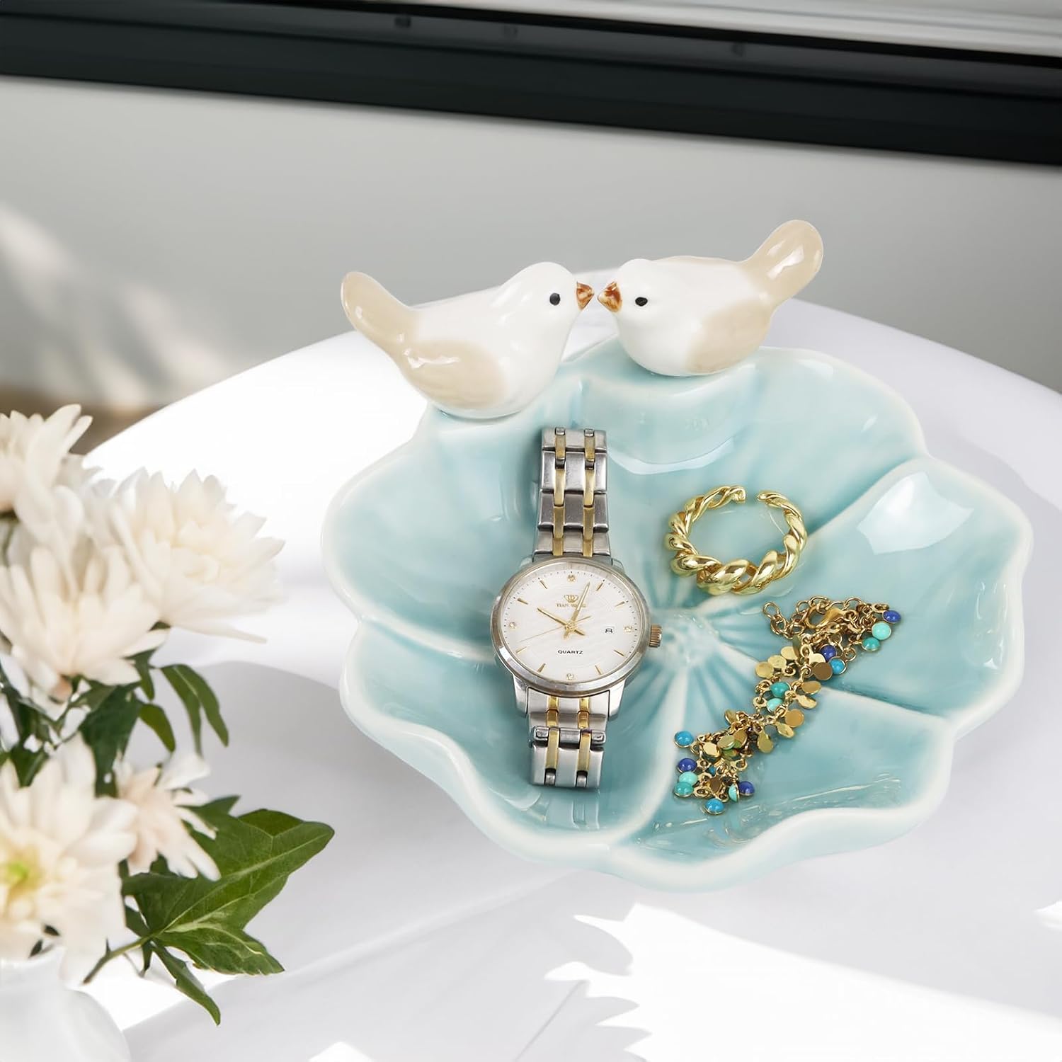 Ceramic Jewelry Tray Trinket Dish Decorative Bird & Lotus Leaf Ring Holder Dish Aesthetic / Blue