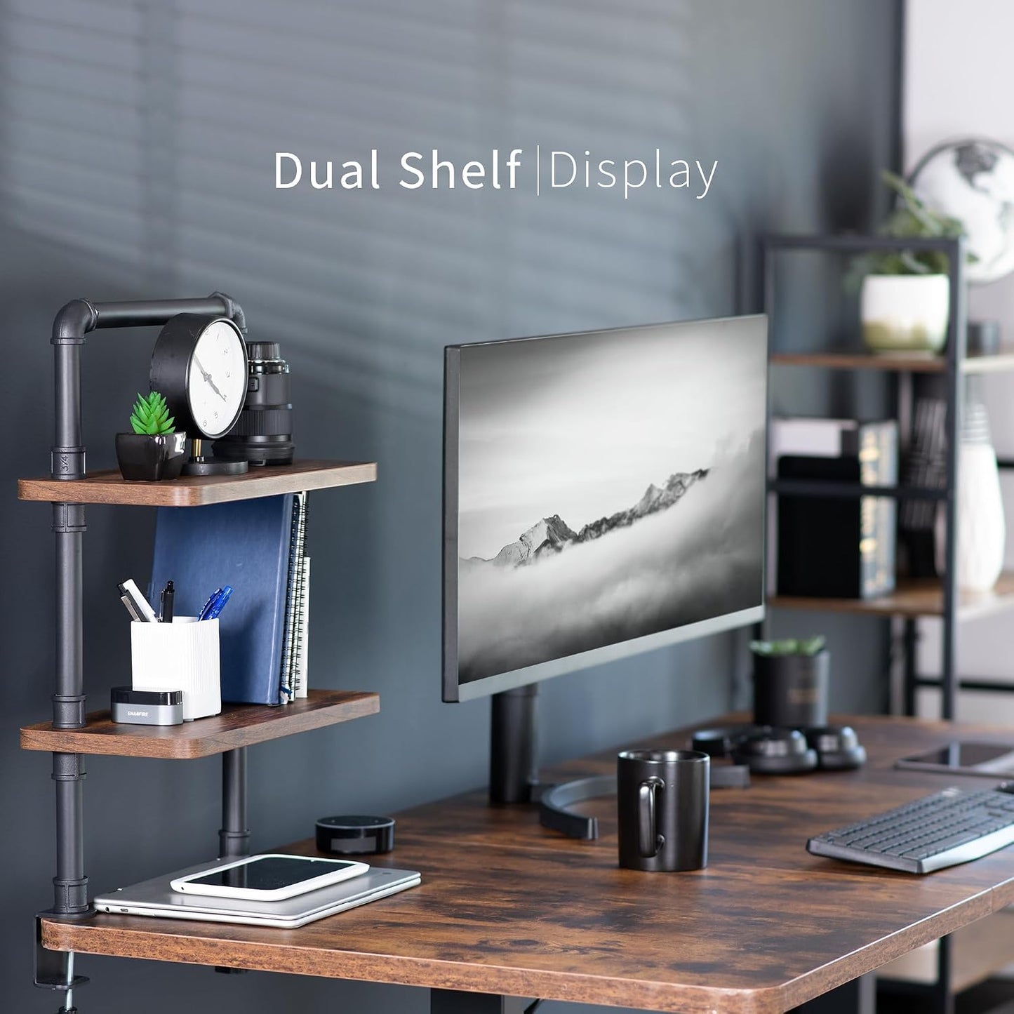 VIVO Clamp-on Premium 16 inch Industrial Pipe 2-Tier Tabletop Shelving, Heavy Duty Desk Extension Organizer, Modern