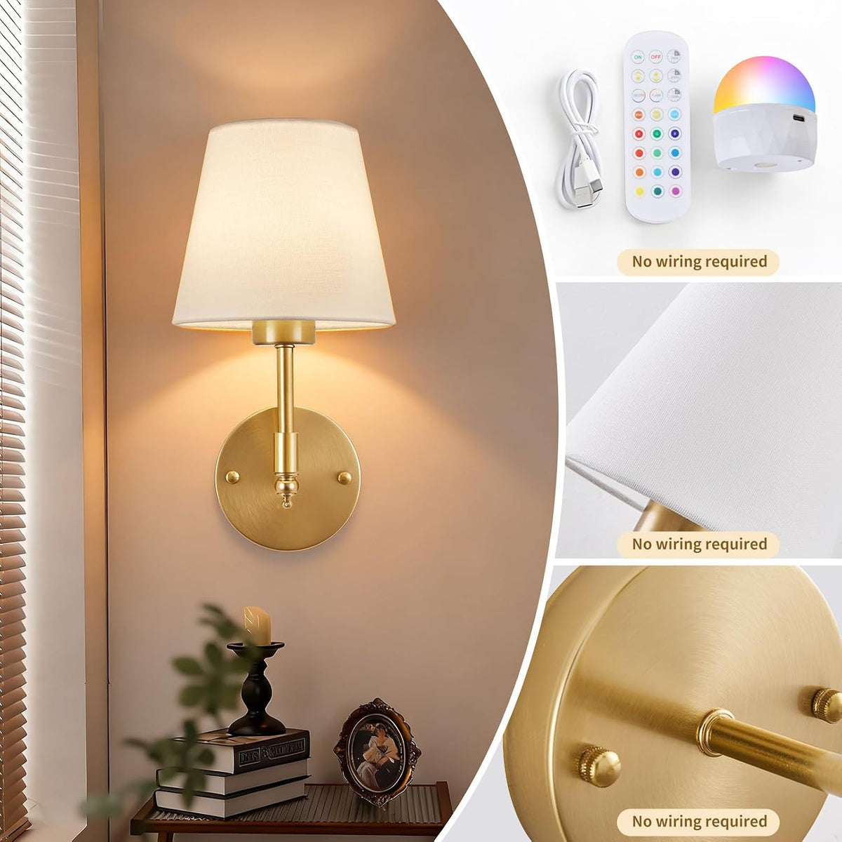 Battery Operated Wall Sconce Set of 2, Rechargeable Wireless Wall Lights | with fabric Lampshade, 5200mAh Dimmable Bulb
