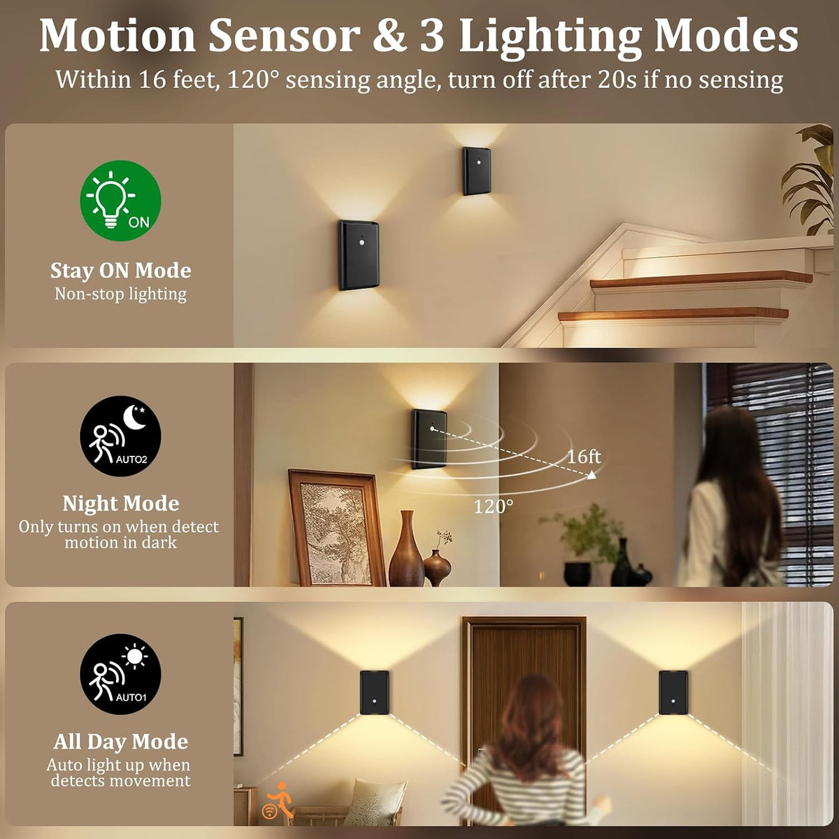 Eneru Motion Sensor Wall Sconce, Rechargeable Wireless Lights Indoor 4 Pack | 5000mAh Battery Powered, Remote 3CCT
