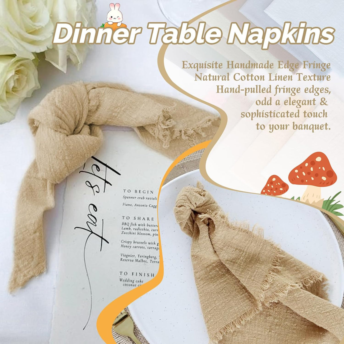Showgeous 60 Pack Caramel Cloth Napkins with Fringe, 16x16 inch 100% Cotton | Caramel Napkins Handmade Dinner Napkins