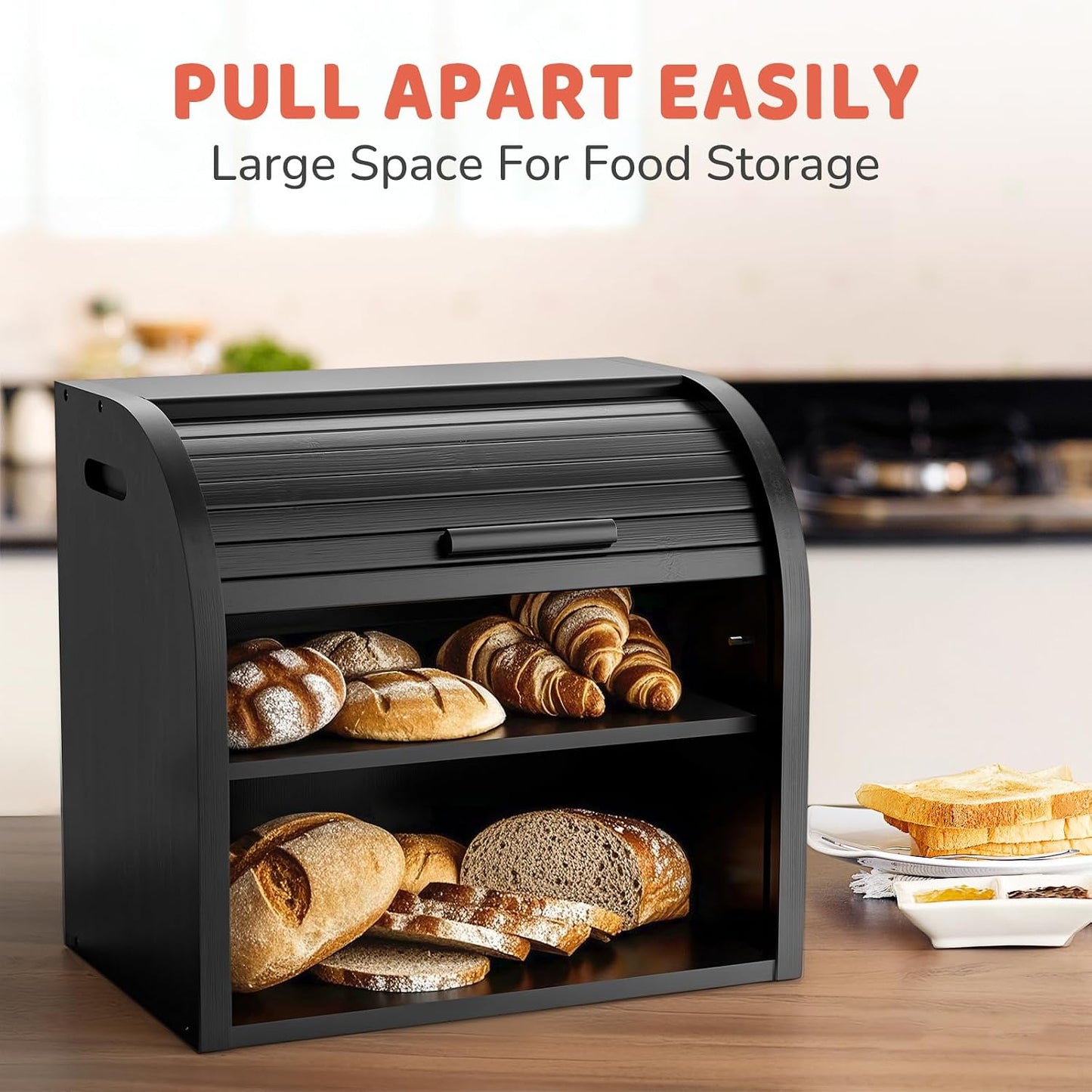 G.a HOMEFAVOR 2-Tier Bamboo Bread Box for Kitchen Counter, Black | Large Roll Top Bread Storage Container, Bread Holder