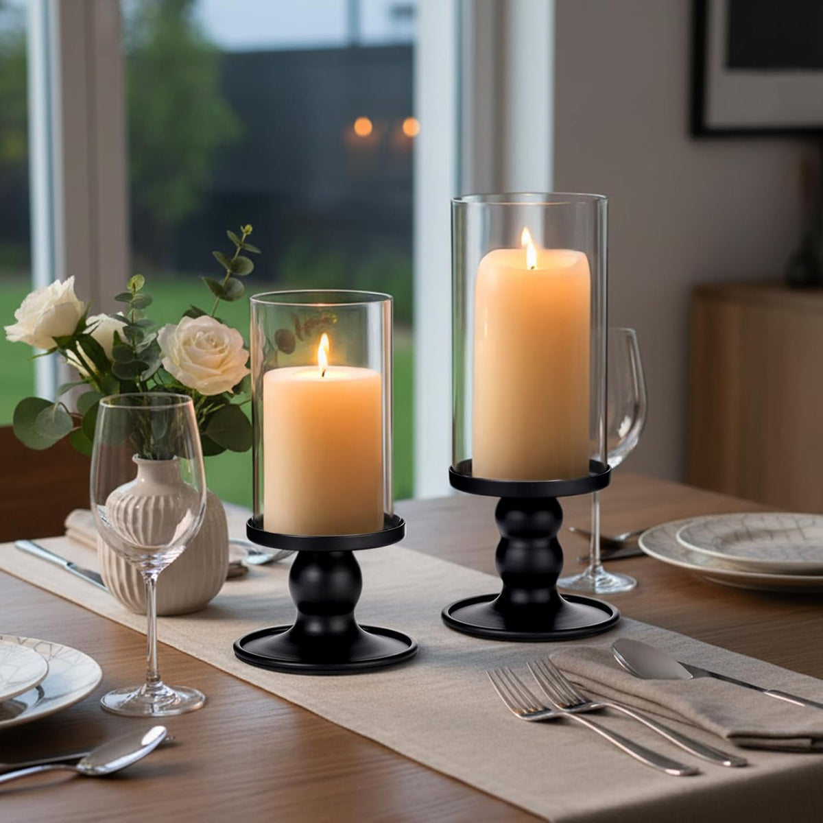 NITIME 4Pcs Hurricane Candle Holder for Pillar Candles, Black Candle Holders with Clear Glass Sleeve for Table