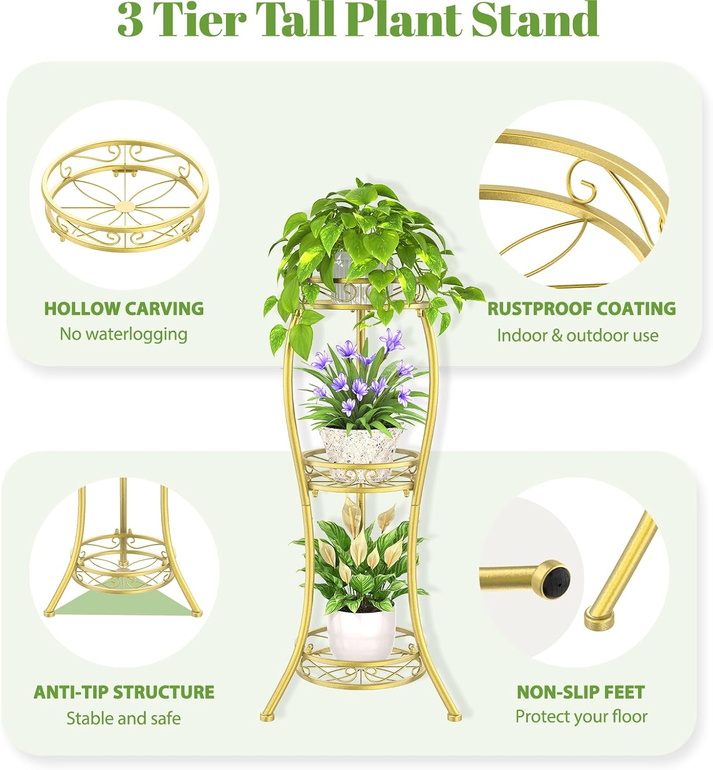 iDavosic.ly 3 Tier Metal Plant Stand Outdoor Indoor, 34 Inch Tall, Gold | Corner Flower Pot Holder Shelf, Wrought Iron