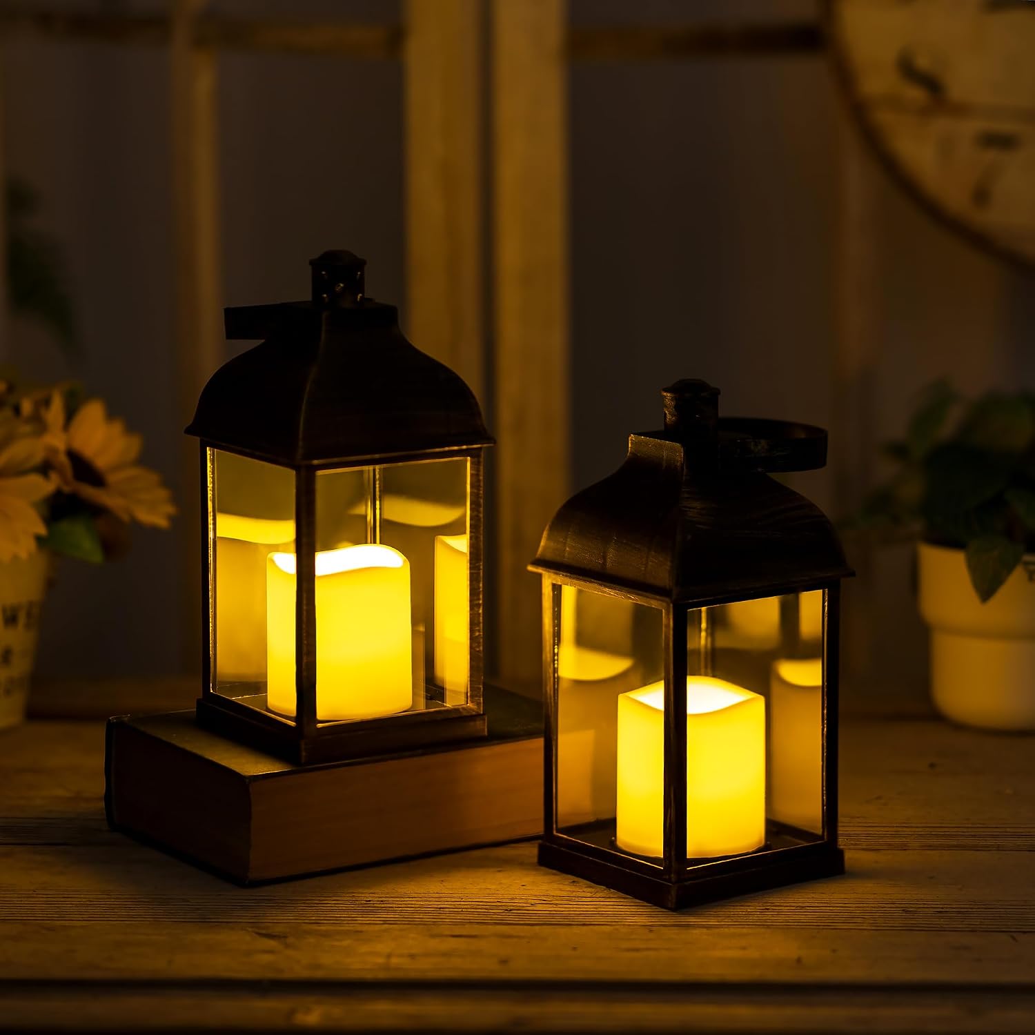 Bronze Small Lanterns with LED Candles, Set of 6 Wedding Decor | Antique Bronze Rustic Lanterns with Glass Panels