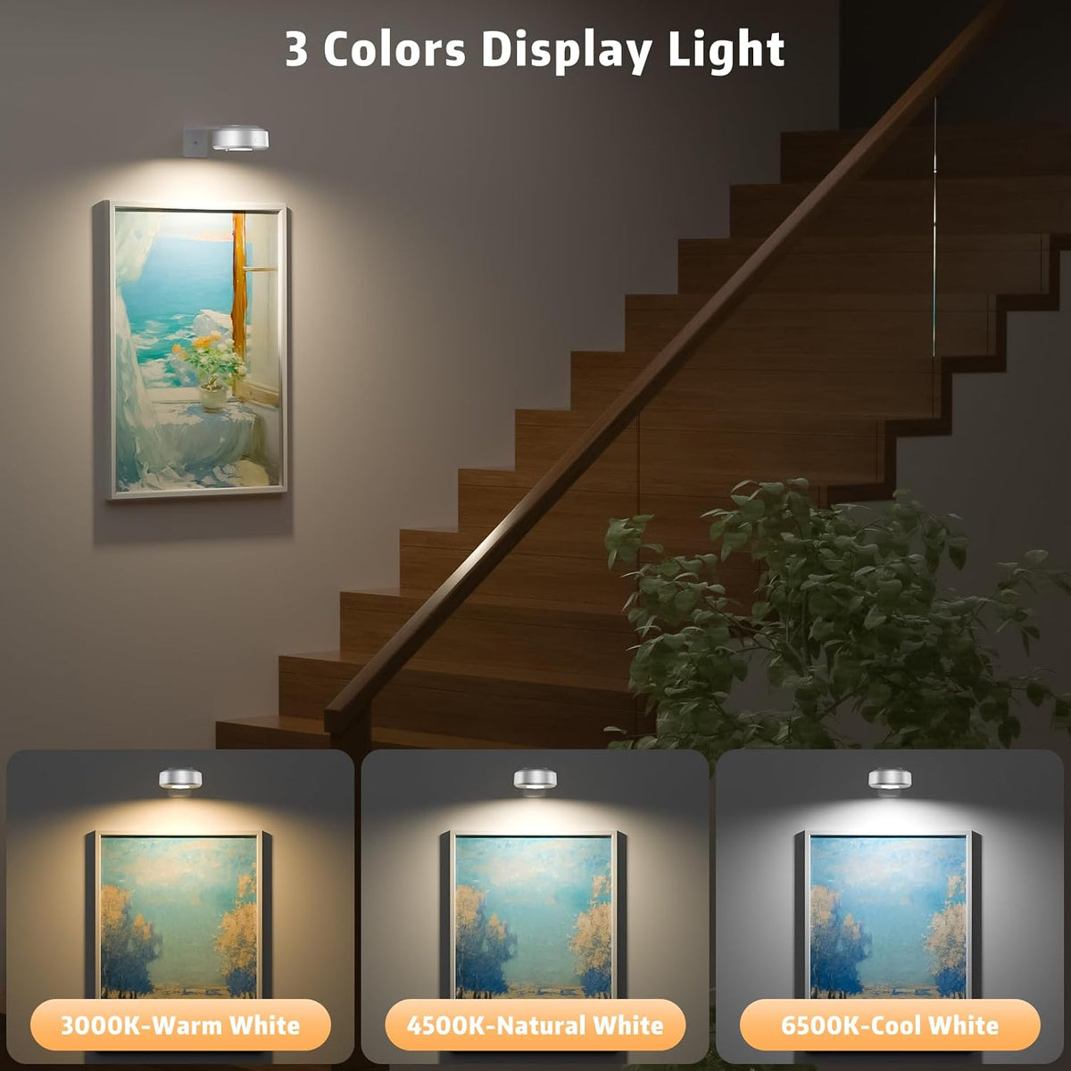 3 Pcs Picture Lights, Rechargeable Battery Operated Dimmable 3-Color Wall Light with Remote & Timer for Paintings