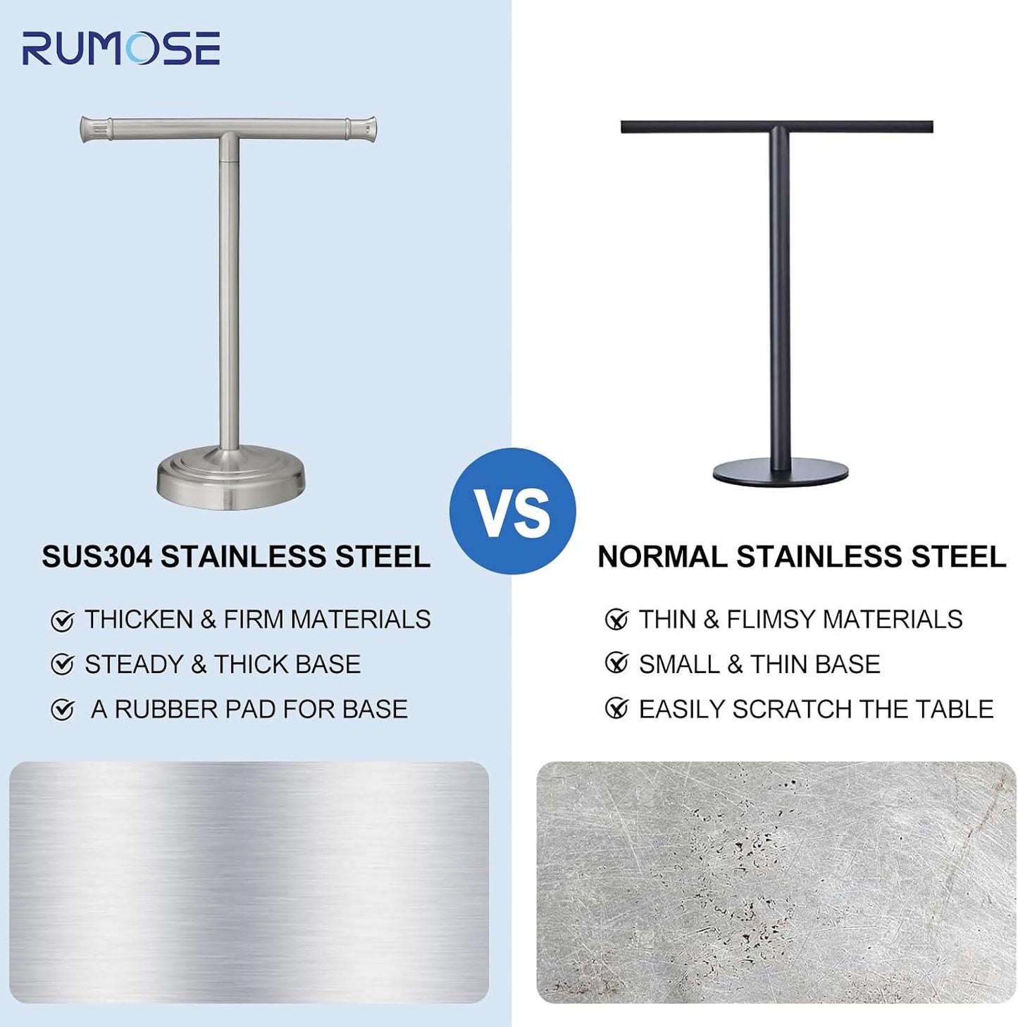 RUMOSE Brushed Nickel Hand Towel Holder Stand Countertop Towel Rack | 13 Inch Bathroom Kitchen Vanity T-Shape Towel