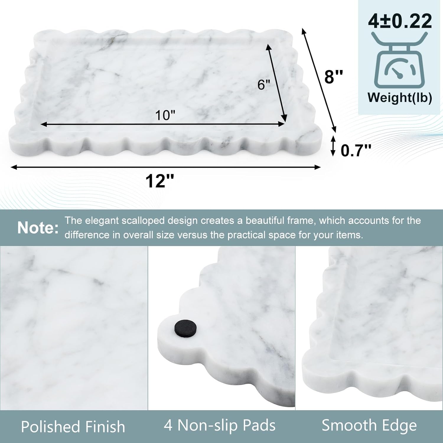 Real Natural Scalloped Marble Tray / White / 12 x 8 x 0.7