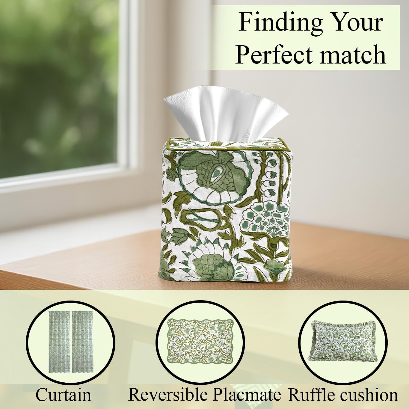 CPC Hand Block Printed Cotton Tissue Box Cover " Square Soft Reusable / Agate Green / 5 x 5 x 5.5