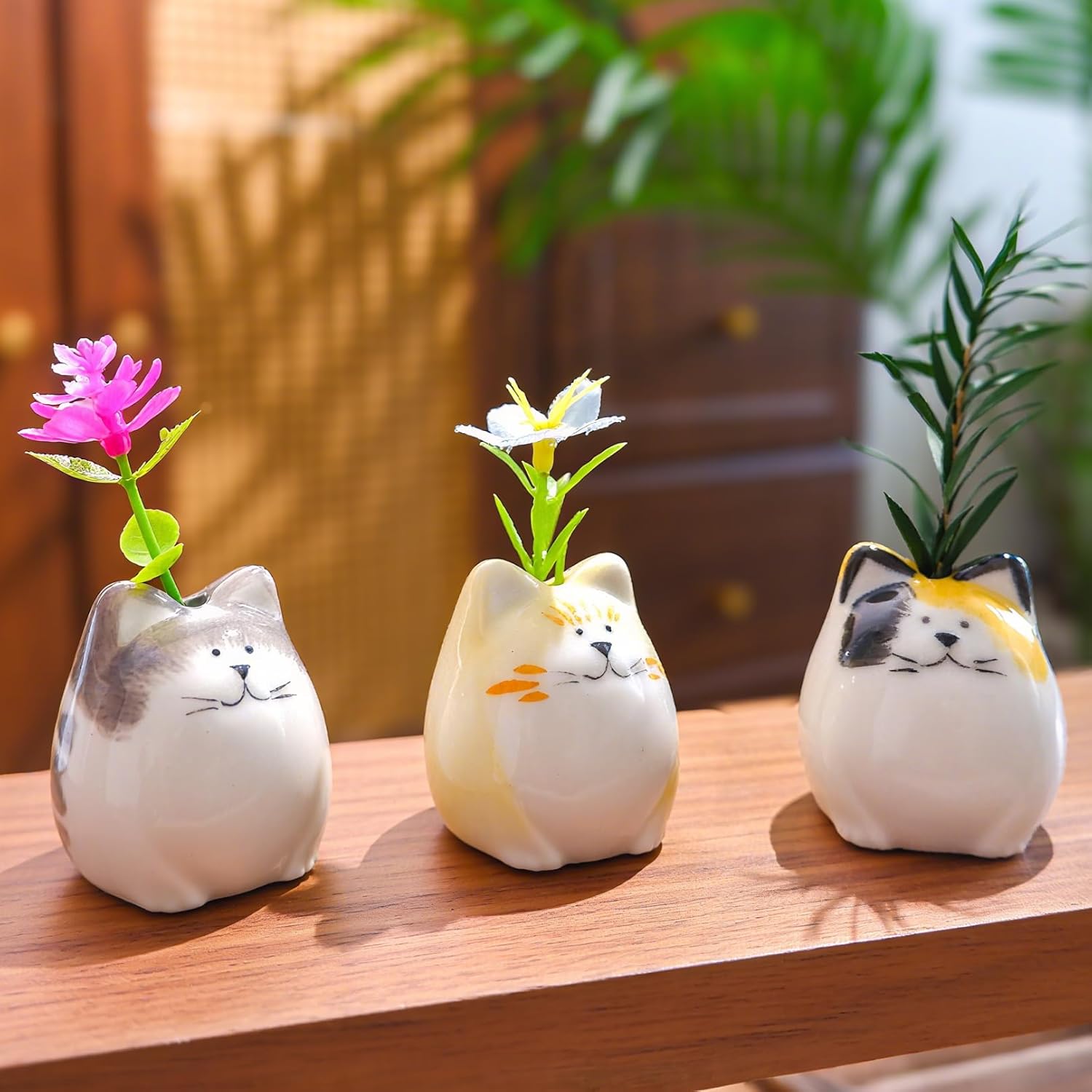 Mini Flower Vases-Unique Small cat vase- Ceramic Bud Vases for Single / Painted Cat Vase / Set of 3