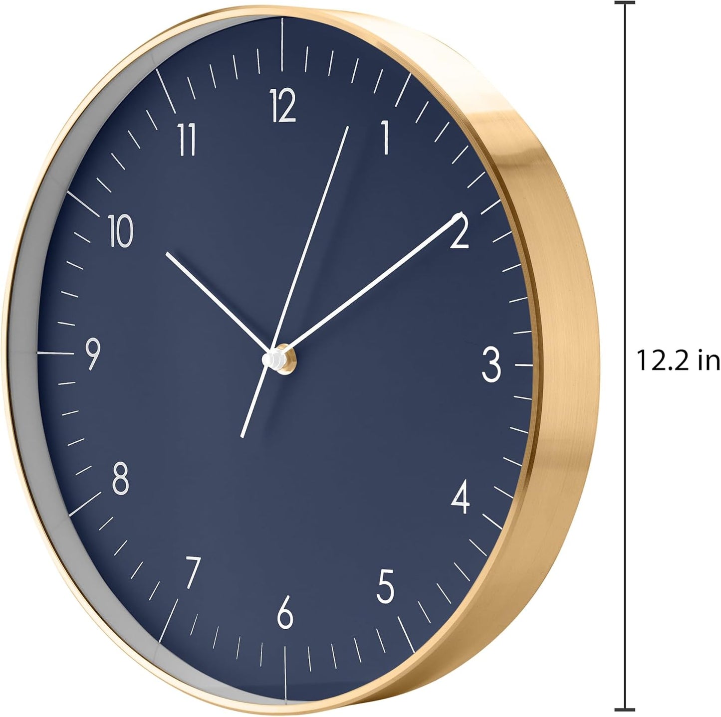 Modern Silent Quartz Wall Clock, 12in, Dark Blue & Gold | Elegant & Simple, Non-ticking, Analog, Easy-to-read display