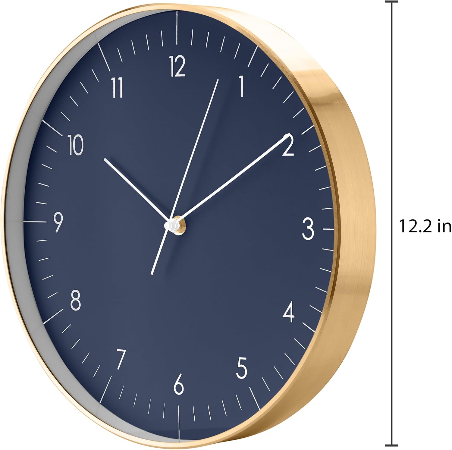 Modern Silent Quartz Wall Clock, 12in, Dark Blue & Gold | Elegant & Simple, Non-ticking, Analog, Easy-to-read display
