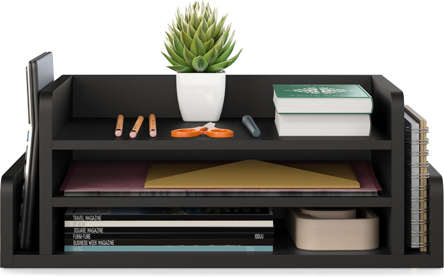 Ballucci 3-Tier Desk Organizer with 2 Side Mail Sorter Slots, Wood Letter Tray, Open Top Paper Organizer, Desktop File