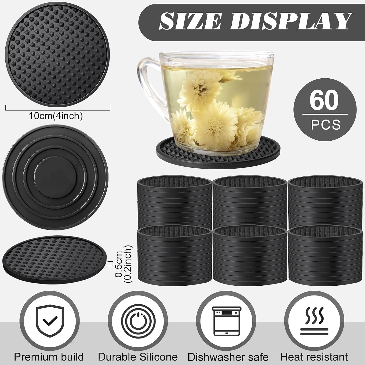 Silicone Coasters for Drinks Nonslip Silicone Drink Coasters Cold Hot Heat / Black / Set of 60