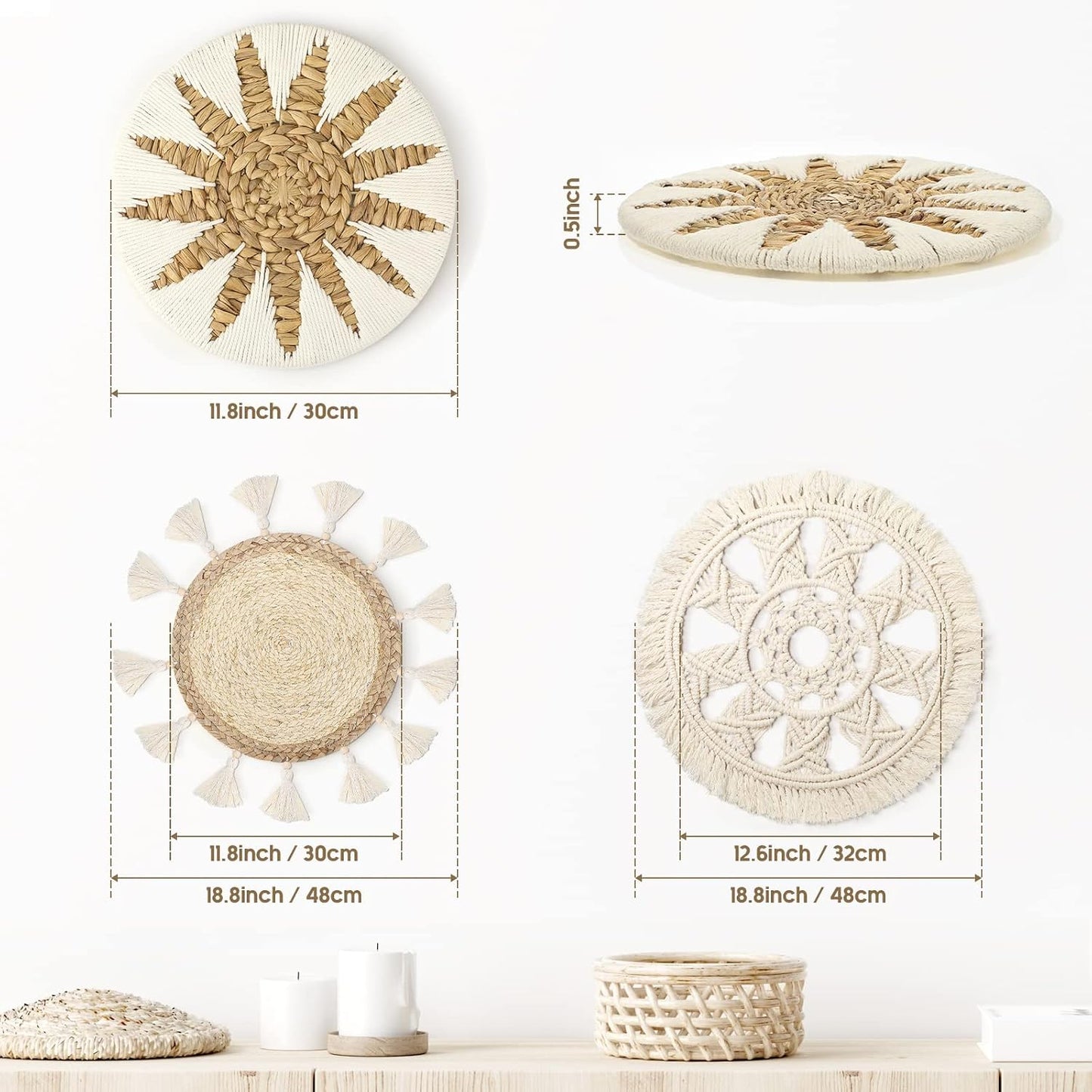 Boho Wall Basket Decor / 12 Inch / Set of 3