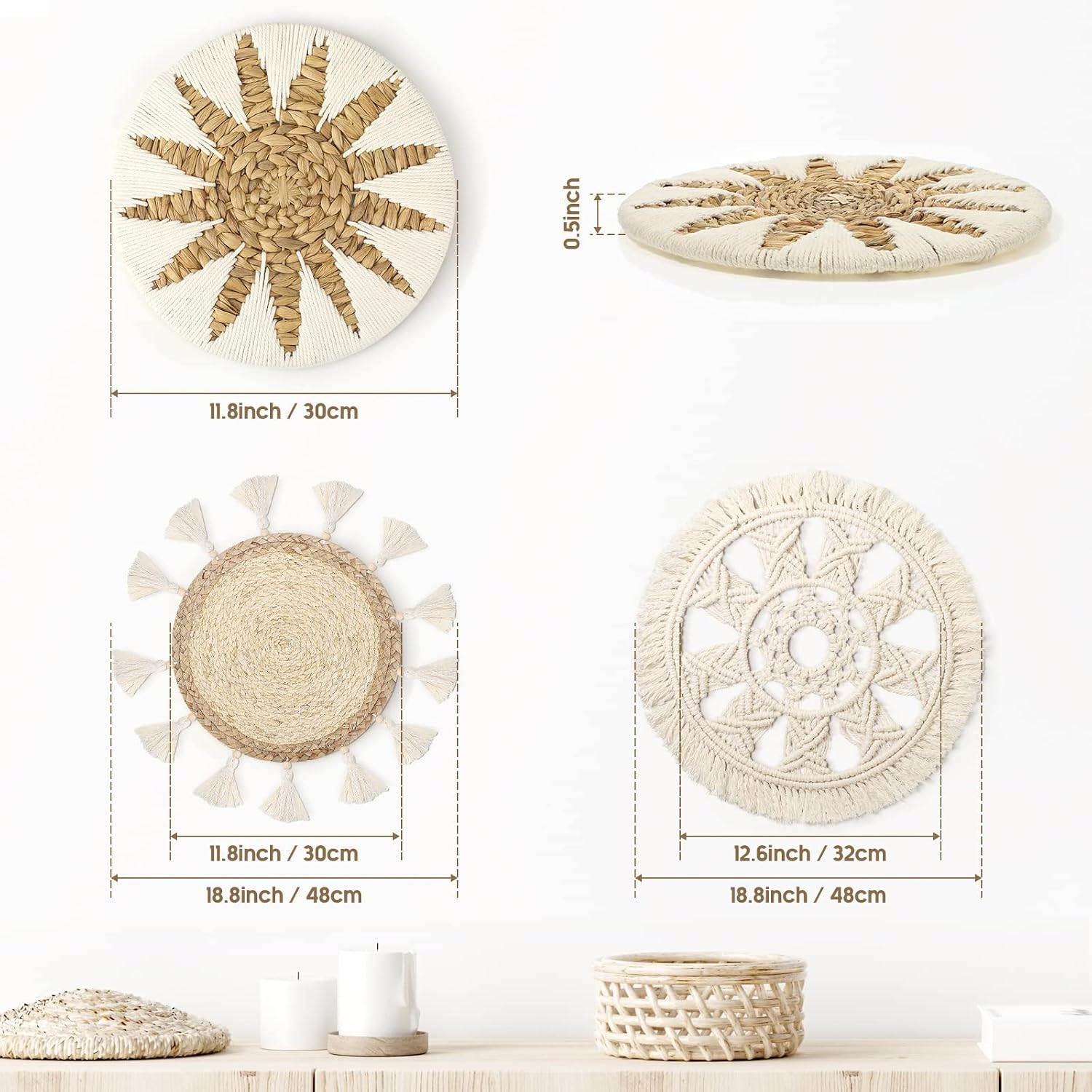 Boho Wall Basket Decor / 12 Inch / Set of 3