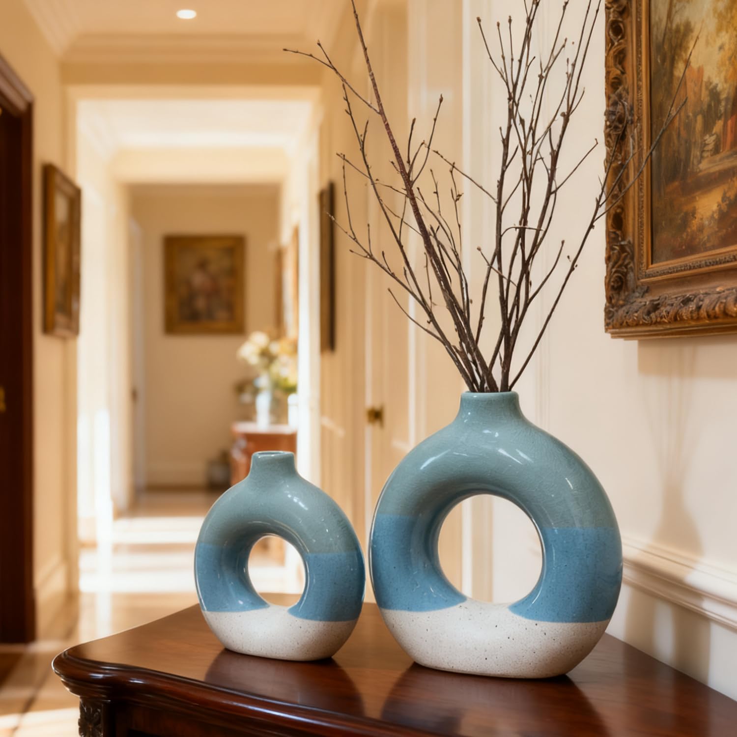 Decorative Ceramic Flower Vase / Donut Vase-blue-2 Sets / Set of 2