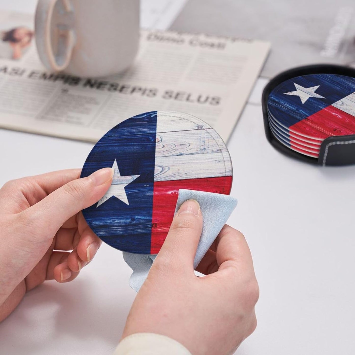Holder / Leather Drinks Coasters / Texas Flag Wooden / Set of 6