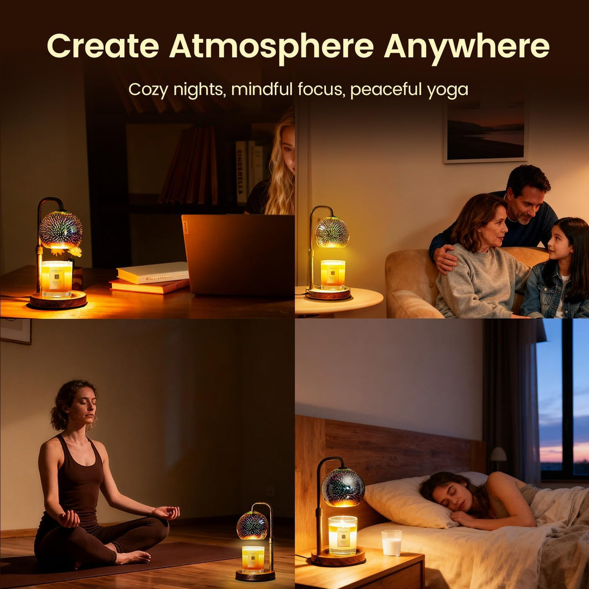 Glocusent Candle Warmer Lamp with Timer, Dimmable, Adjustable Retro 2 Bulbs | 3D Glass Globe with Firework Patterns