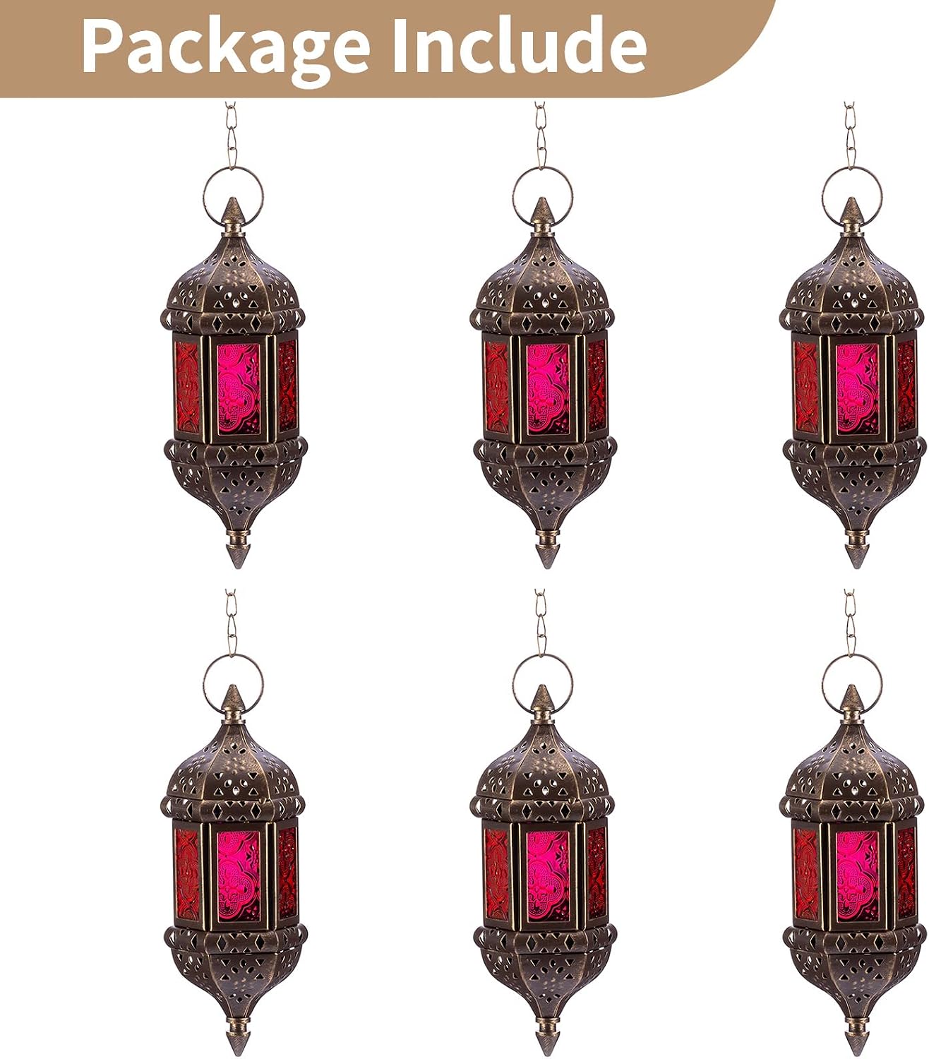 6 Pcs Hanging Hexagon Decorative Moroccan Candle Lantern Holders, Handmade Hanging Tea Light Holder in Bronze Metal &