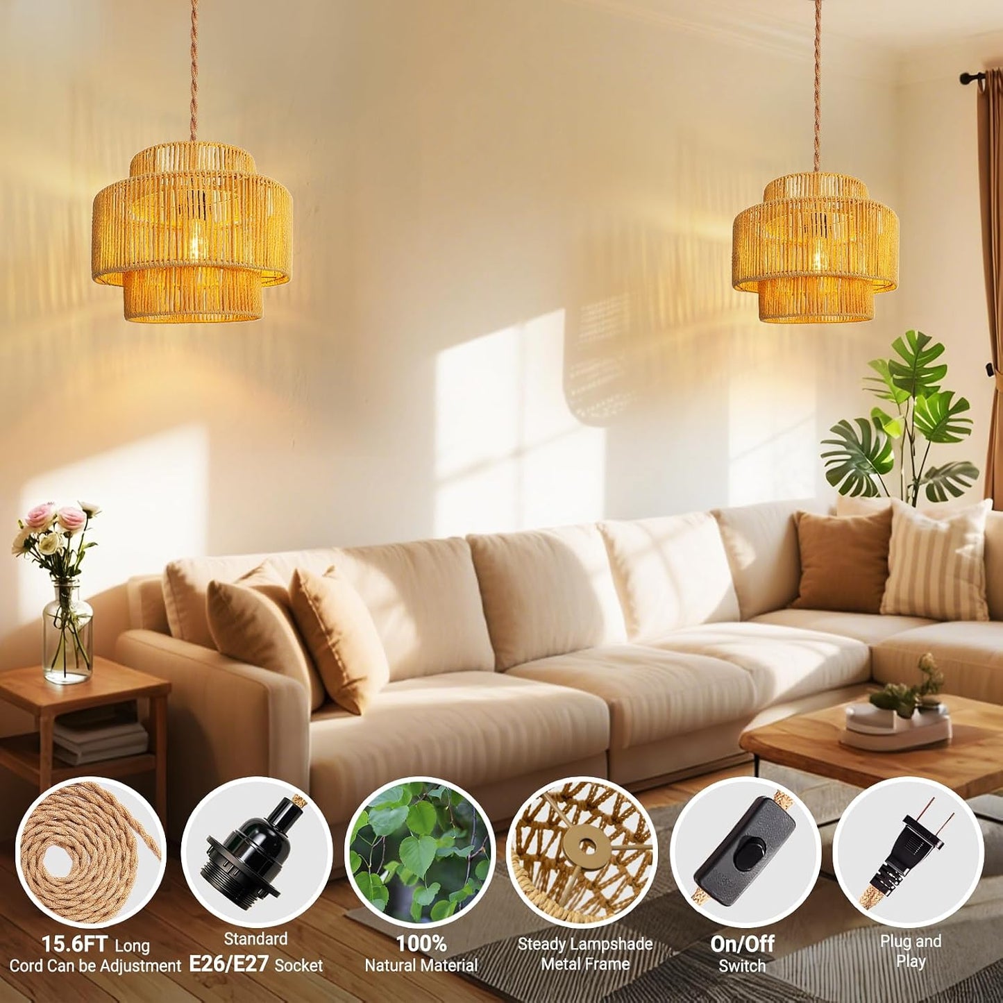 Hanging Light Ceiling Lamp Pendant Lights Rattan Hanging Lamp / 12 Inch-lantern Shade