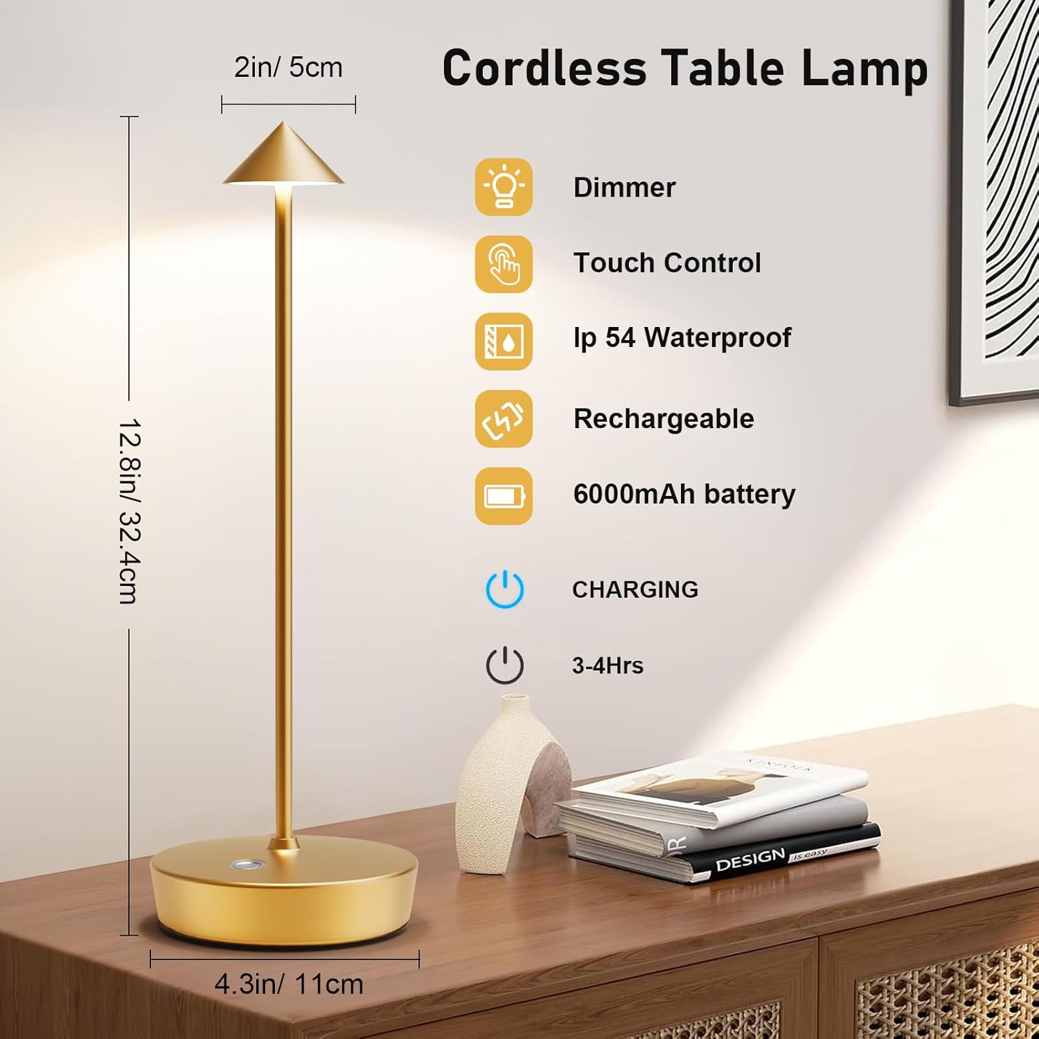 Set of 2 Cordless Rechargeable Led Table Lamp Battery Operated Light Gold | 6000mAh Desk Lamp Touch 3 Color Dimming