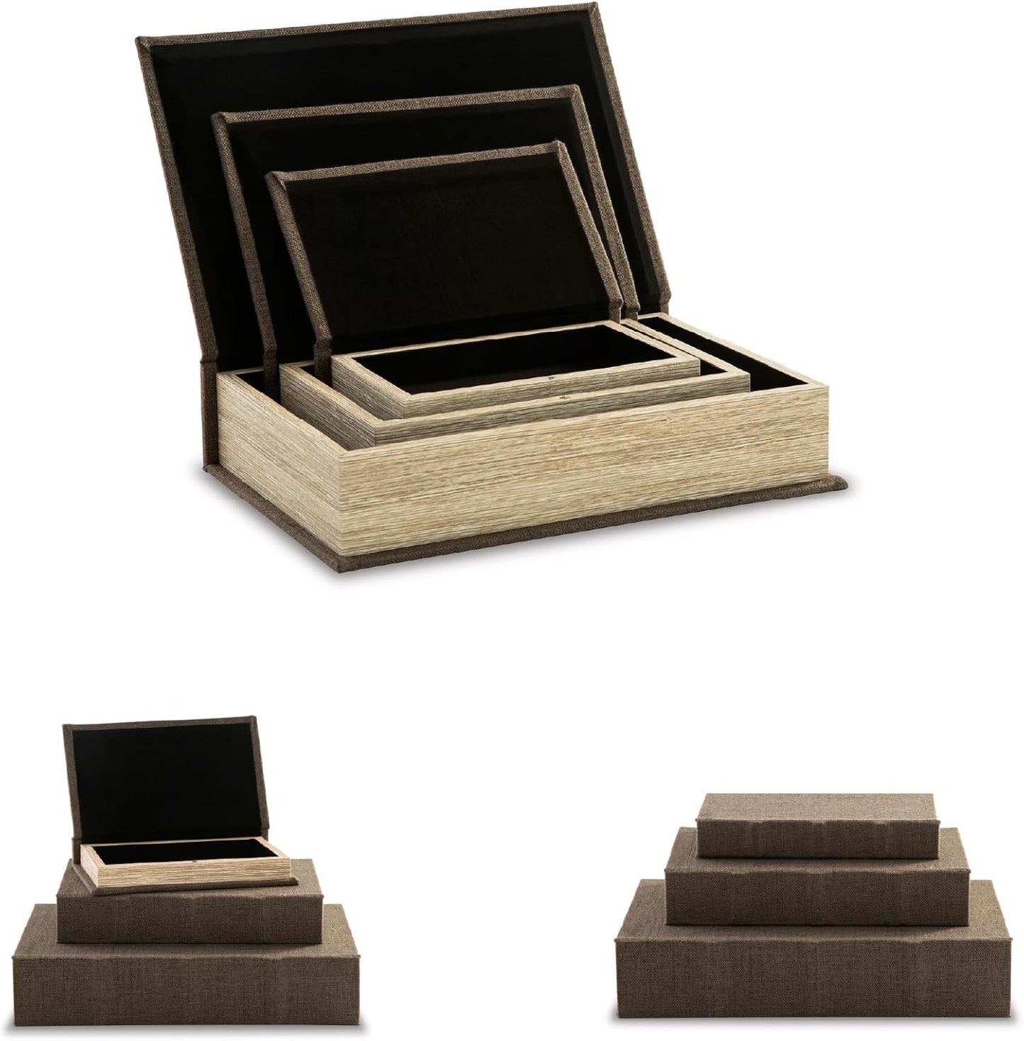 Jolina Vintage 3 Piece Faux Book Keepsake Storage Box Set / Dark Brown