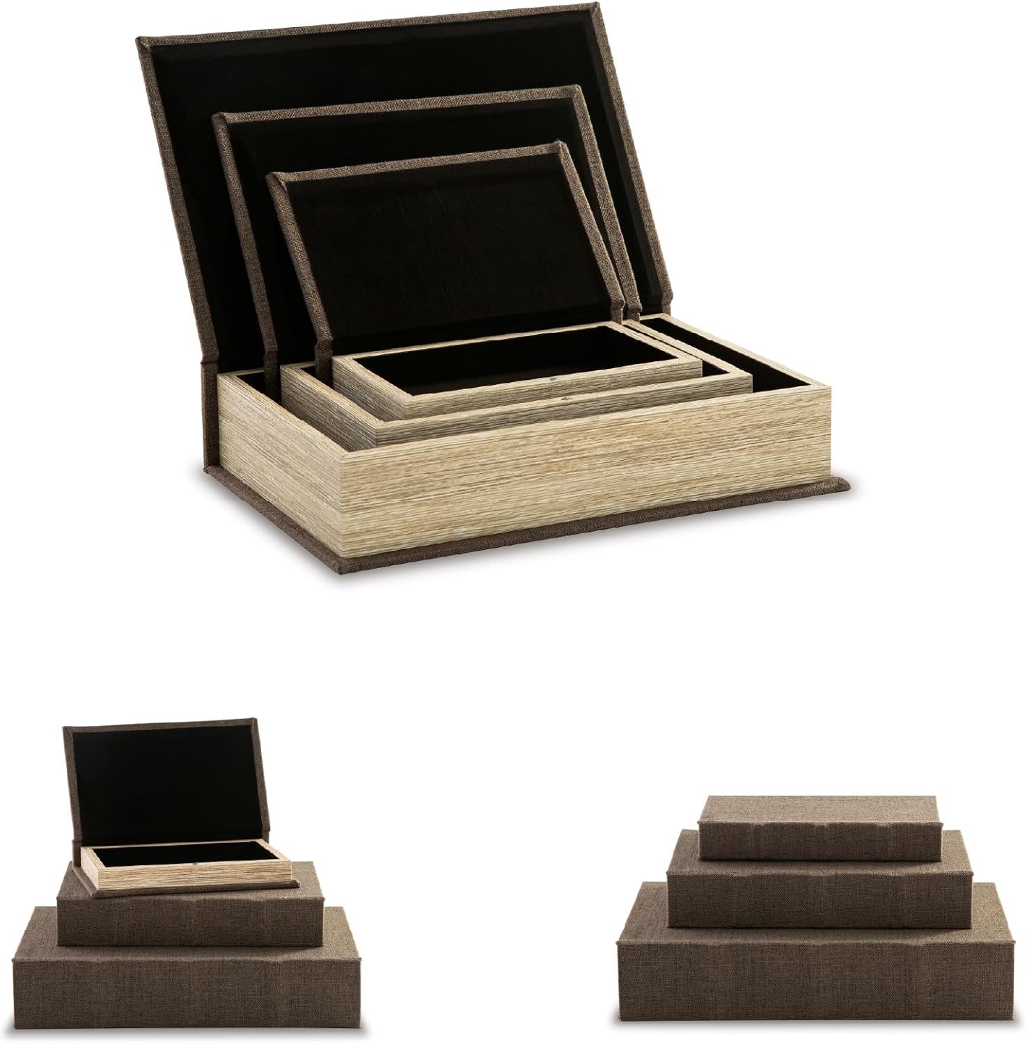 Jolina Vintage 3 Piece Faux Book Keepsake Storage Box Set / Dark Brown