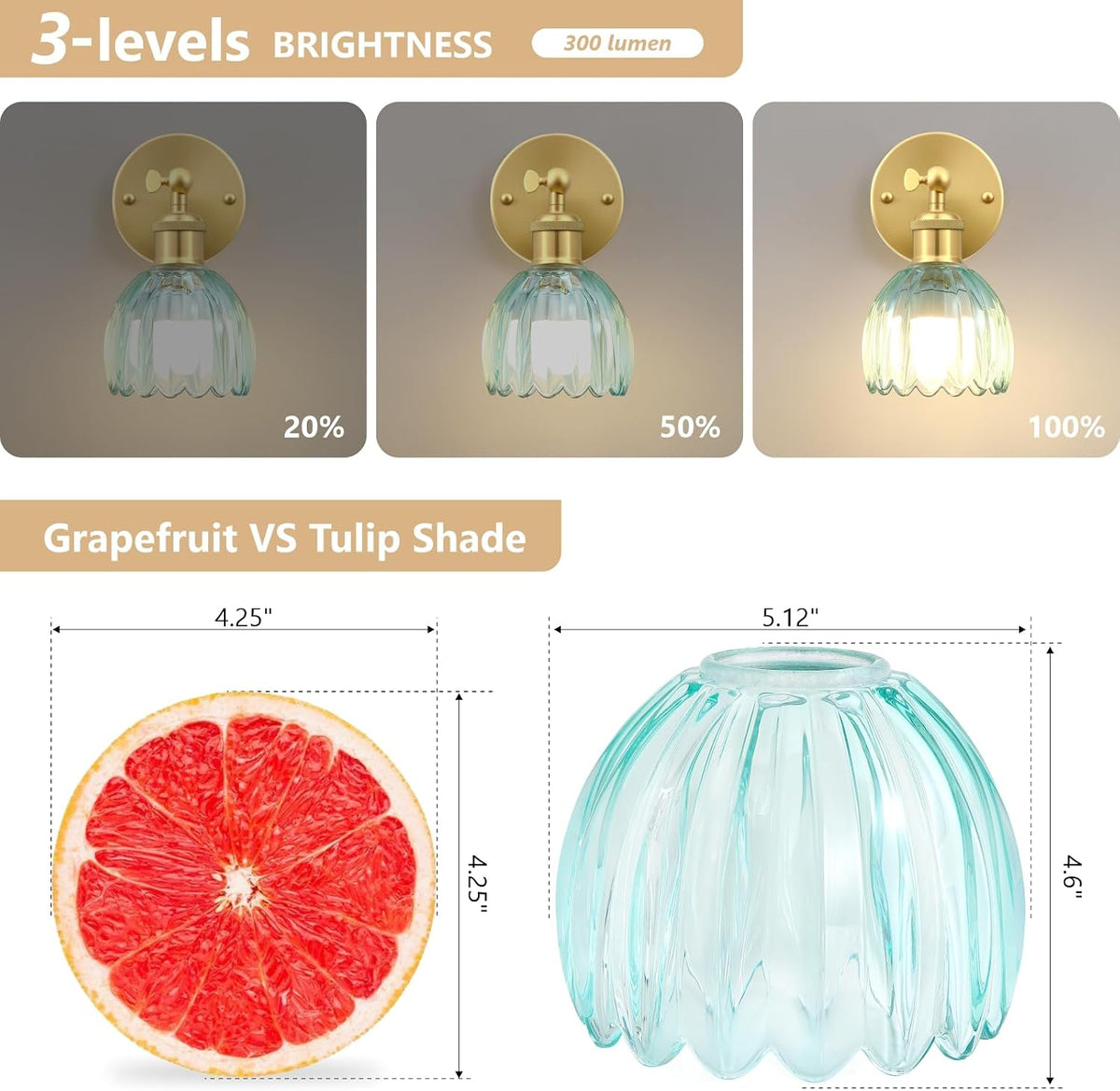 Vintage Battery Operated Wall Sconce, Sky Blue Tulip Glass Lampshade Wireless Rechargeable Battery Powered LED Wall