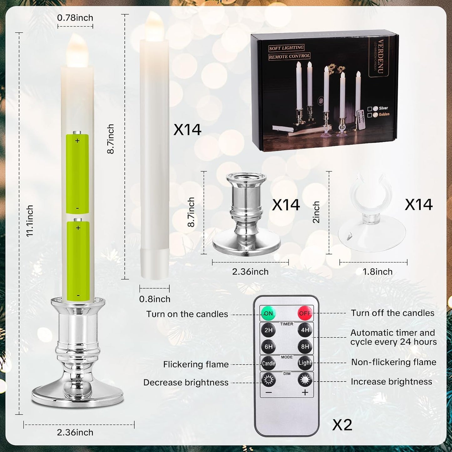 Verdenu 14 Pack Flameless Christmas Window Candles with 2 Remote Controls | Battery Operated Candles with 4 Timer