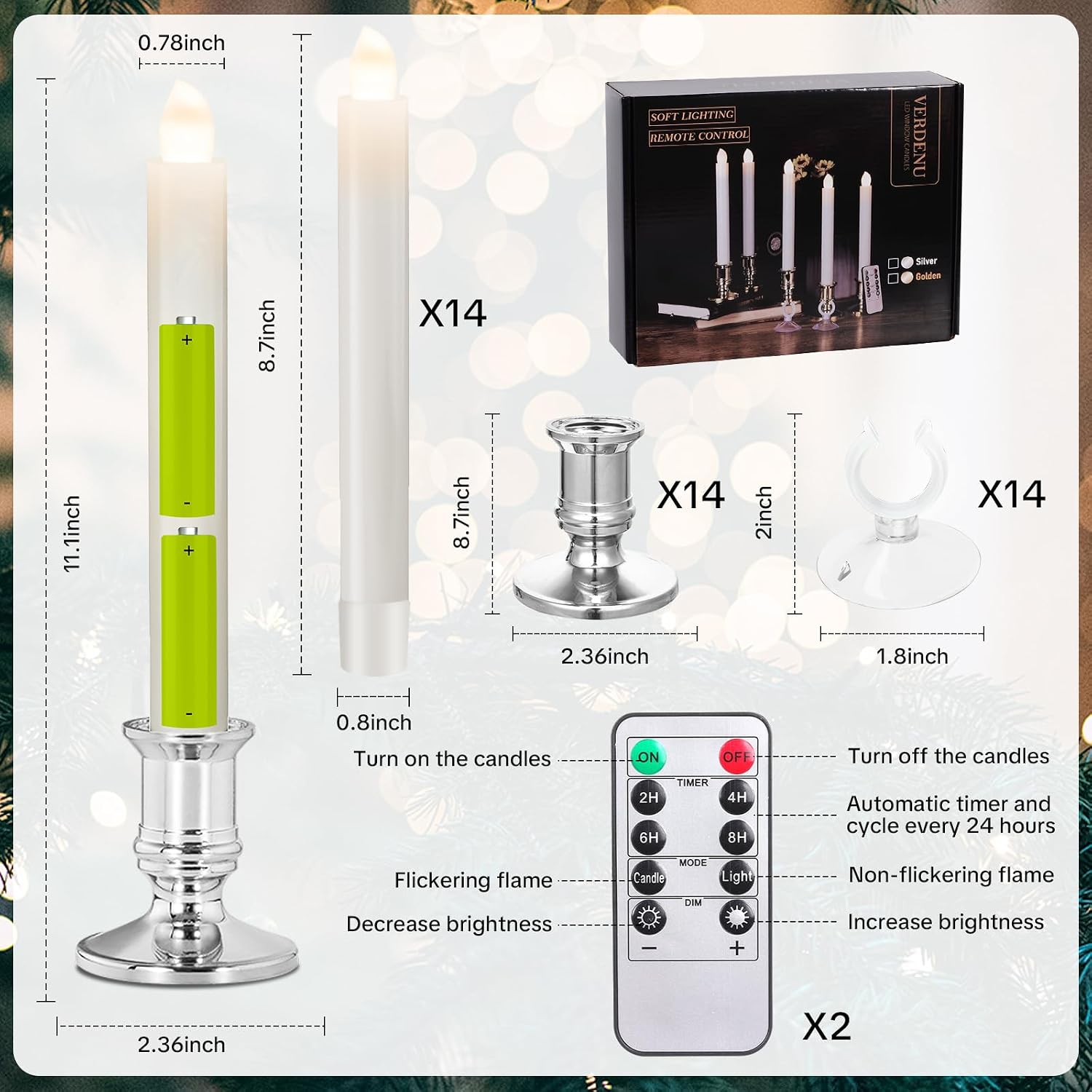 Verdenu 14 Pack Flameless Christmas Window Candles with 2 Remote Controls | Battery Operated Candles with 4 Timer