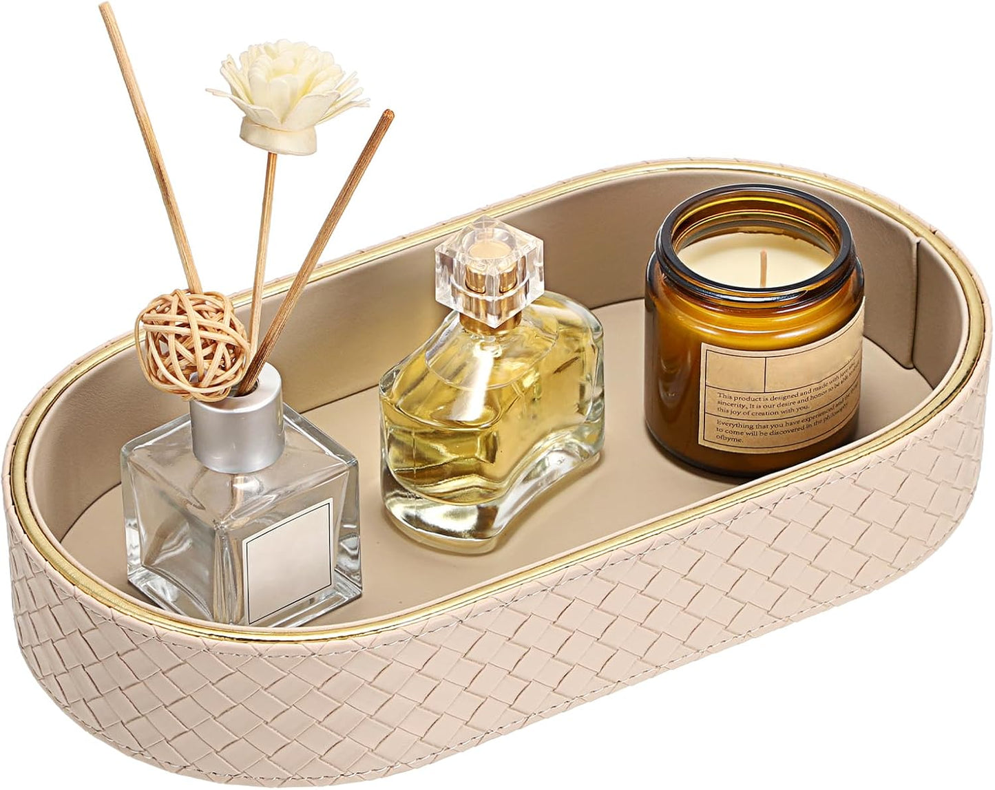 Perfume Trays PU Leather Vanity Tray for Dresser Bathroom Valet Trays Oval / 11 x 5.9 x 2 / Beige