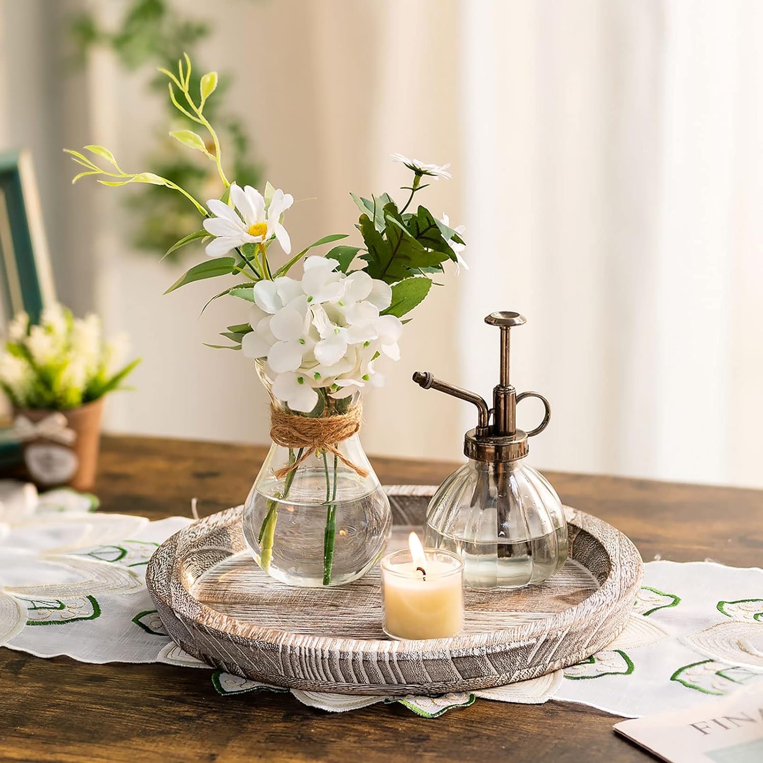 Round Wood Tray Home Decor / Whitewashed