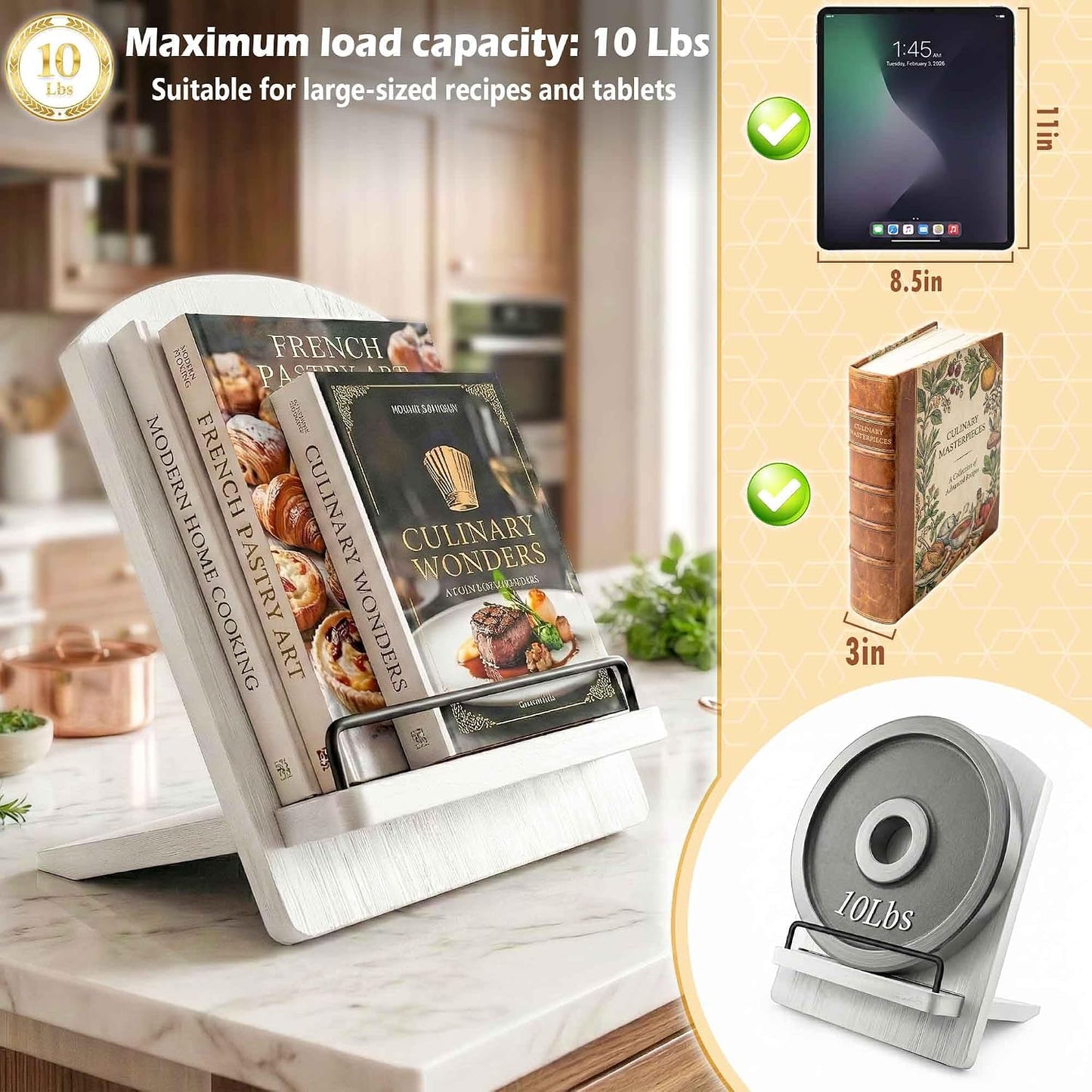 White Farmhouse Cookbook Stand: Wood Recipe Holder for Kitchen Counter | Sturdy Solid Wood Stand with Metal Page Clips