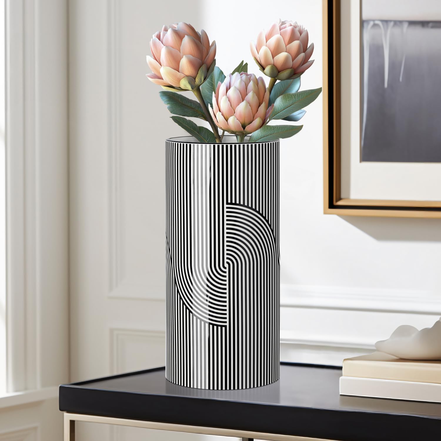 12" Tall and White Ceramic Vase for Flowers / Graphic Lines / Black