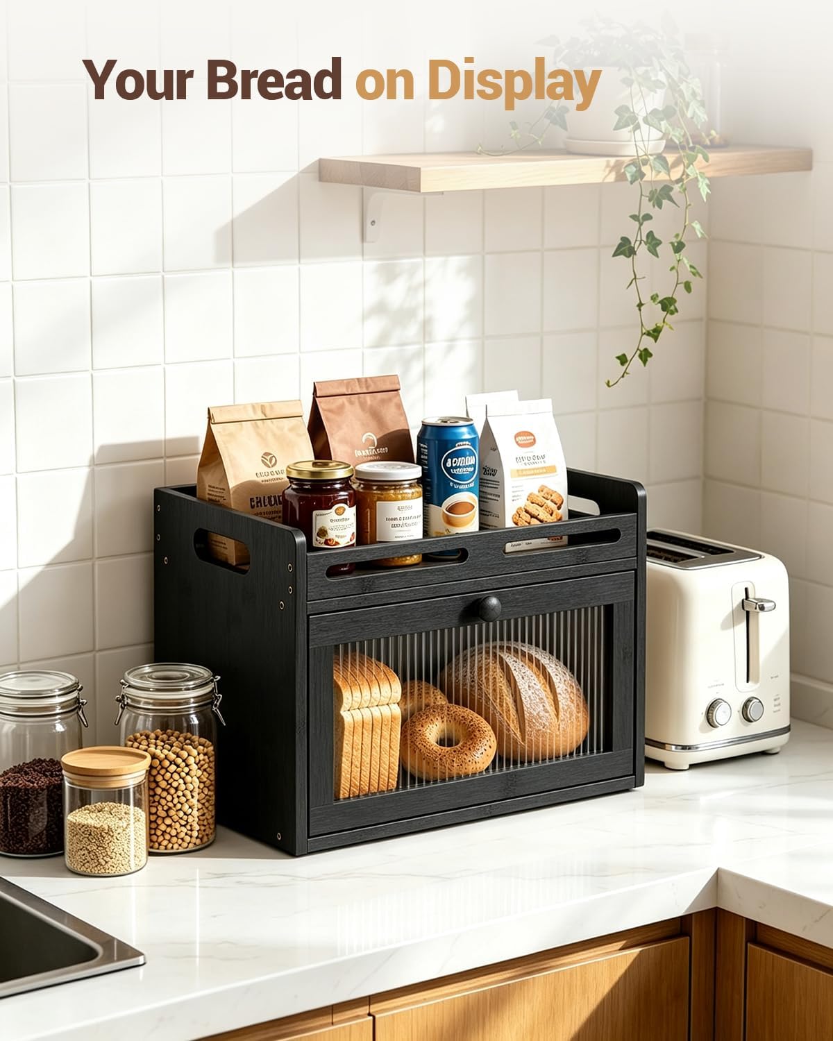 Bread Box for Kitchen Countertop, Bamboo Storage with Top Shelf, Black | Large Capacity, Acrylic Window, Rear Vents