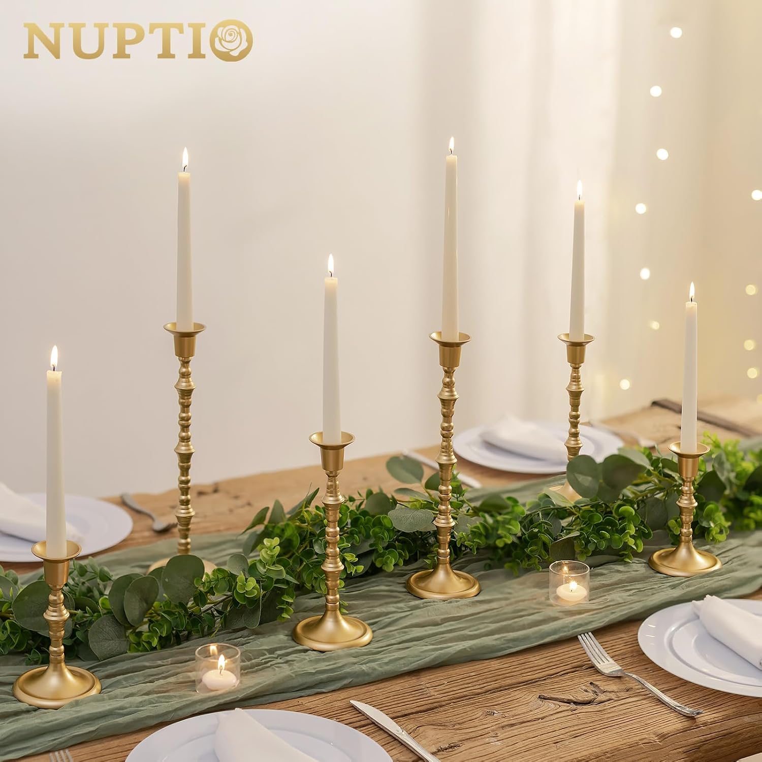 NUPTIO Gold Candlestick Holders for Centerpiece: Unique Taper Candleholders | Set of 3 Tall Assorted Candle Stick