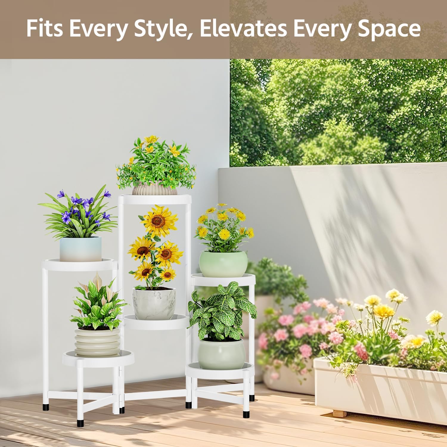 LASZOLA Plant Stand Indoor Outdoor Tall with Plastic Tray, 6 Tiers White | Corner Folding Flower Display Rack, Modern