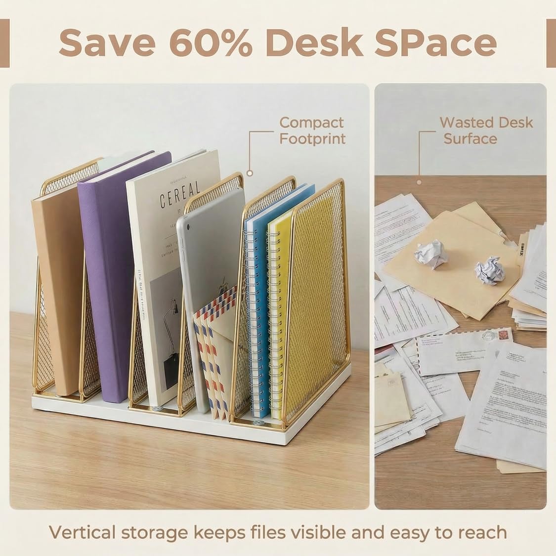 5-Section Vertical File Organizer for Desk, Gold | Sturdy Wood Base, Metal Mesh, Desktop File Holder, Upright Paper