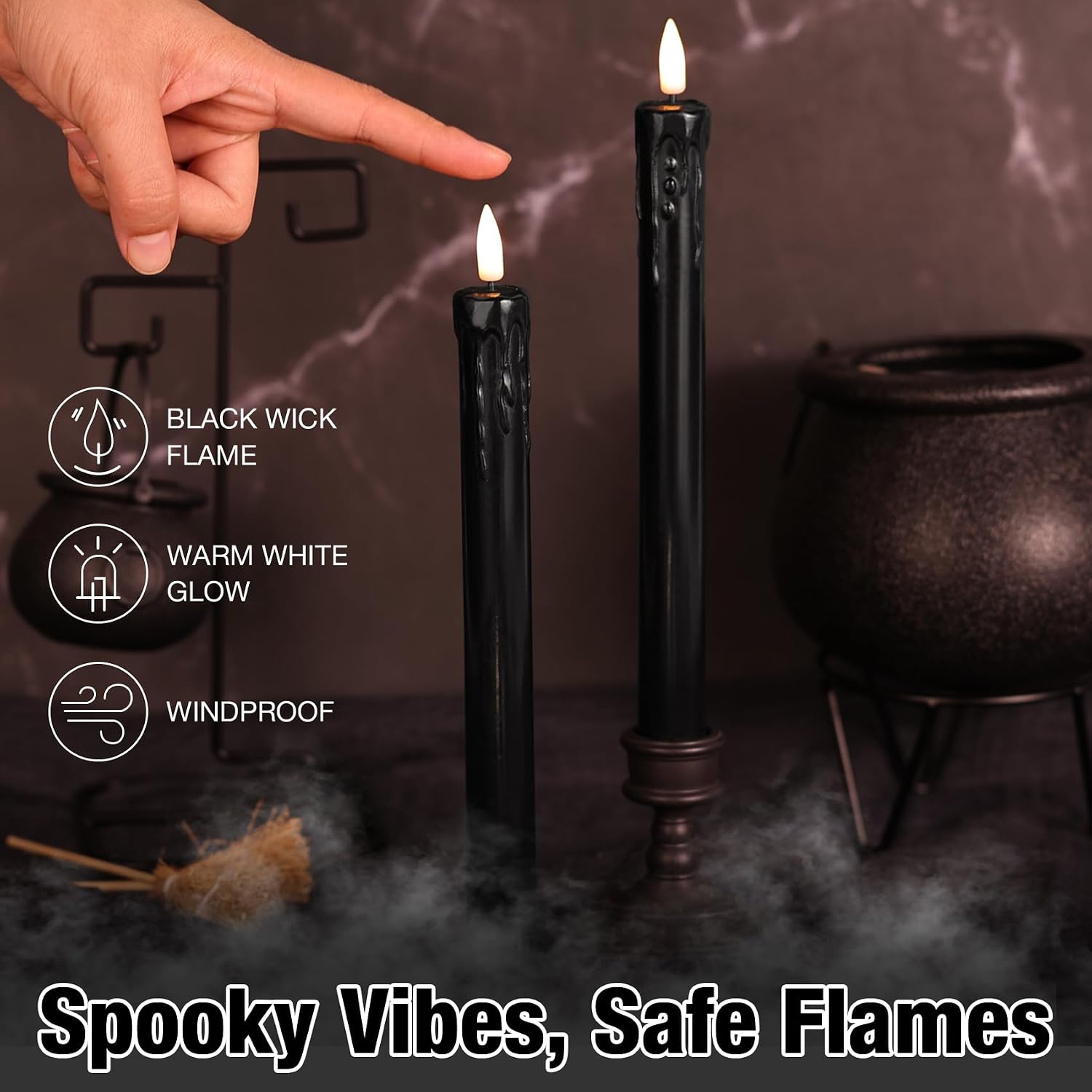 Black Dripping Wax Halloween Flameless Taper Candles with Remote Set of 6 | Flickering LED Candlesticks, 2 AAA Battery